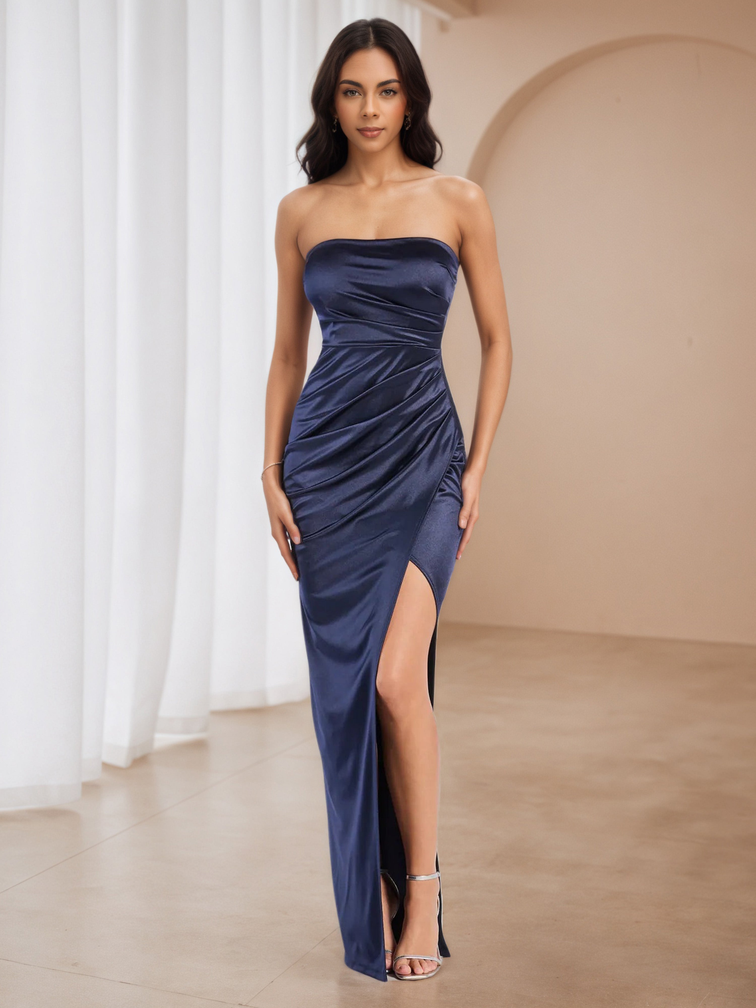 Pleats Navy Strapless Long Wedding Guest Dress