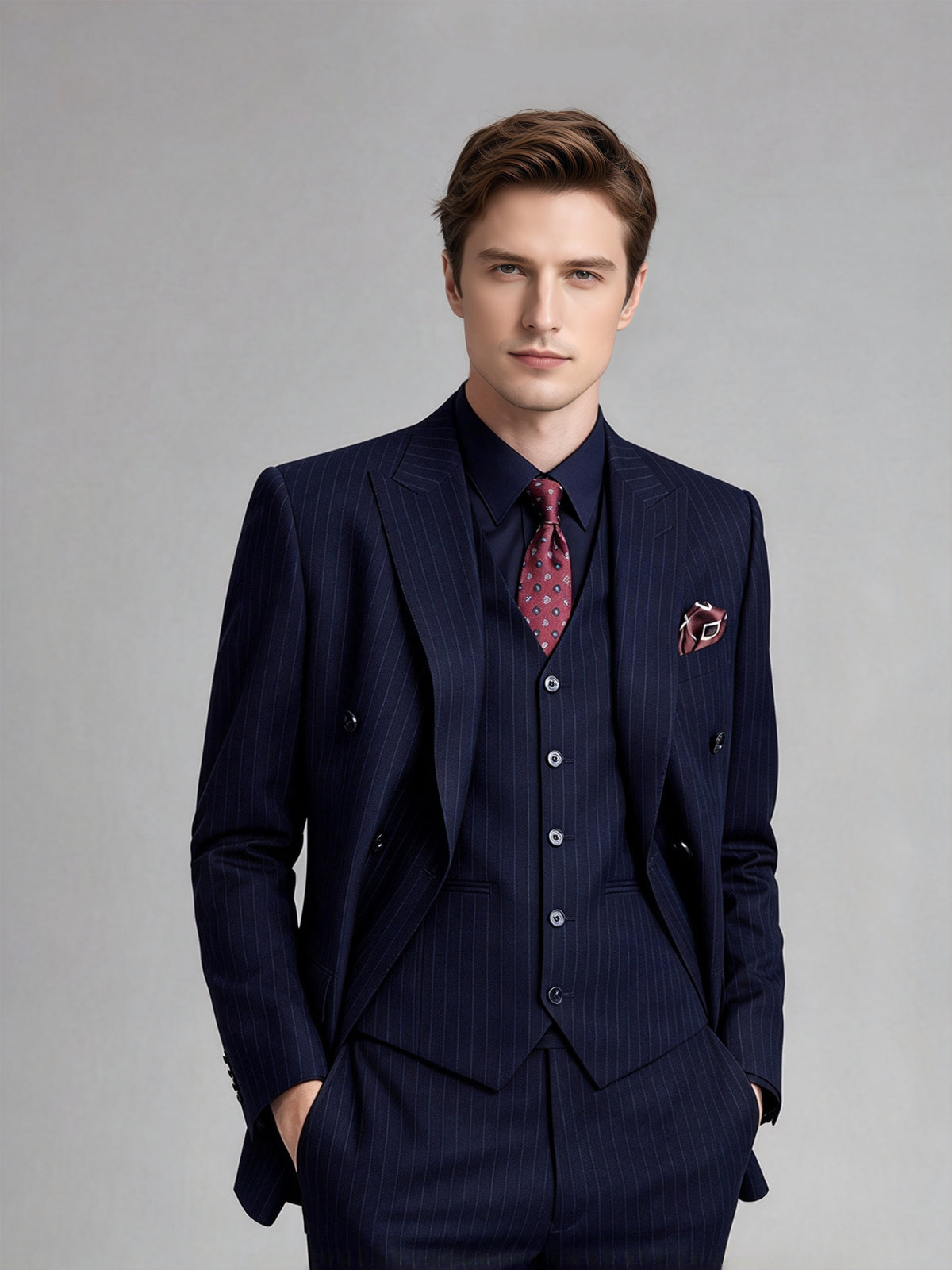 Cicinia Men's Suits Navy Blue Pinstripe 3 Piece Peak Lapel Suit Double Breasted Slim Fit Jacket Vest Straight Trousers