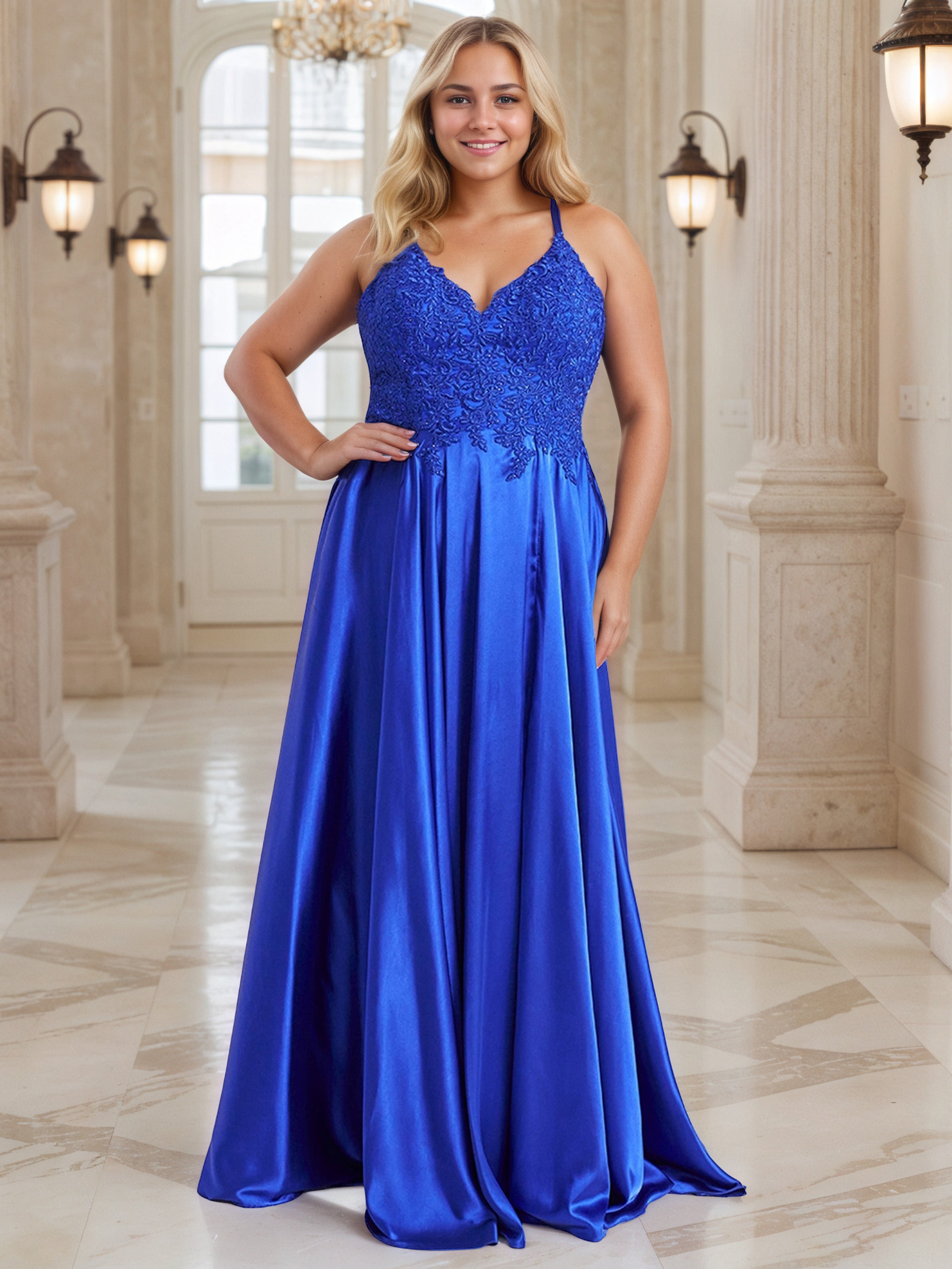 Spaghetti Straps Royal Blue Soft Satin Long Plus Size Prom Dress Spaghetti Straps Royal Blue Soft Satin Long Plus Size Prom Dress