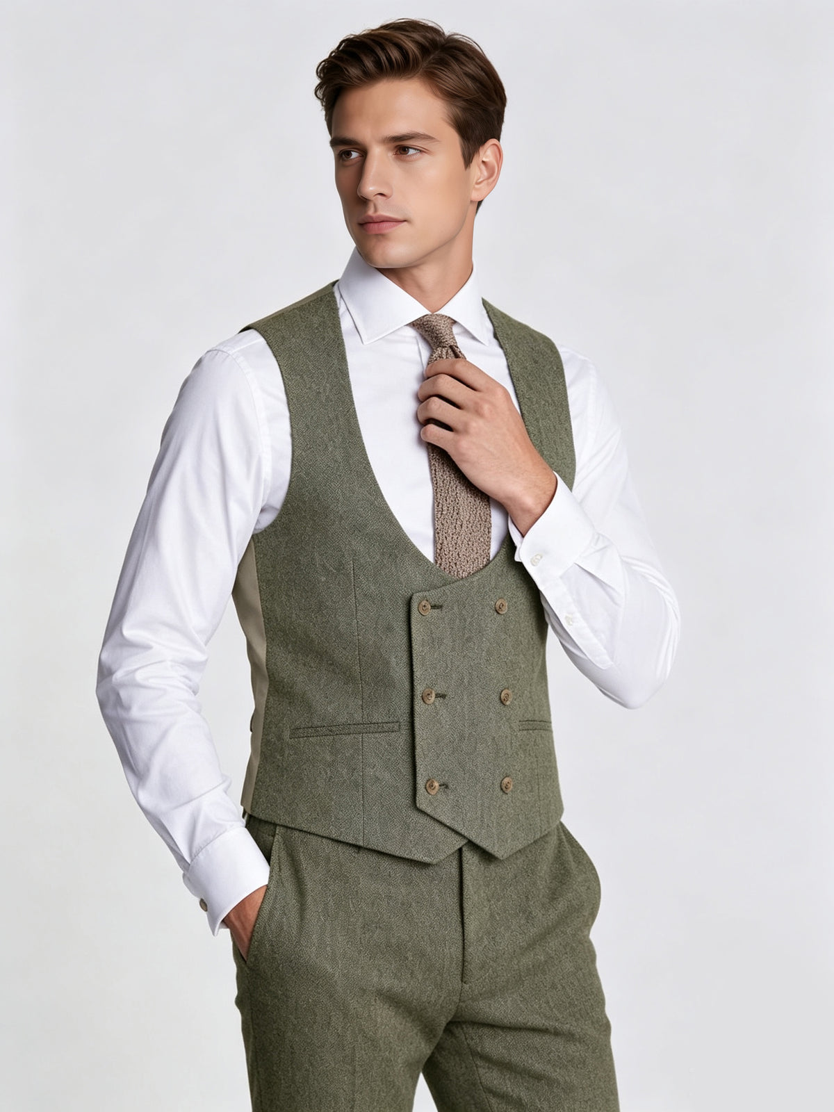 Cicinia Elegant 3 Pieces Notch Lapel Olive Green Men's Suits Slim Fit Men Outfit