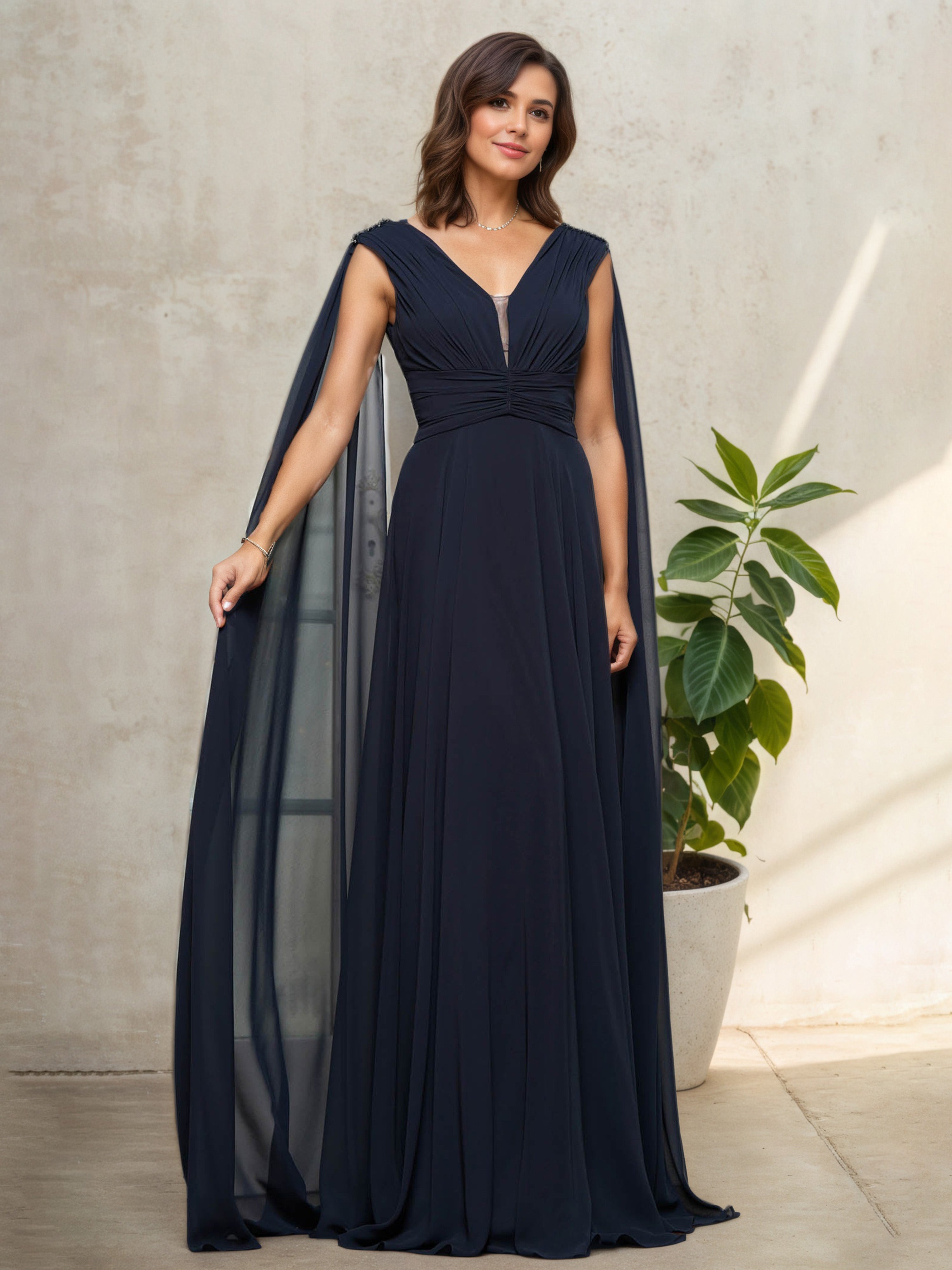 Sleeveless V-Neck Dark Navy Pleats A-Line Mother Of The Bride Dress