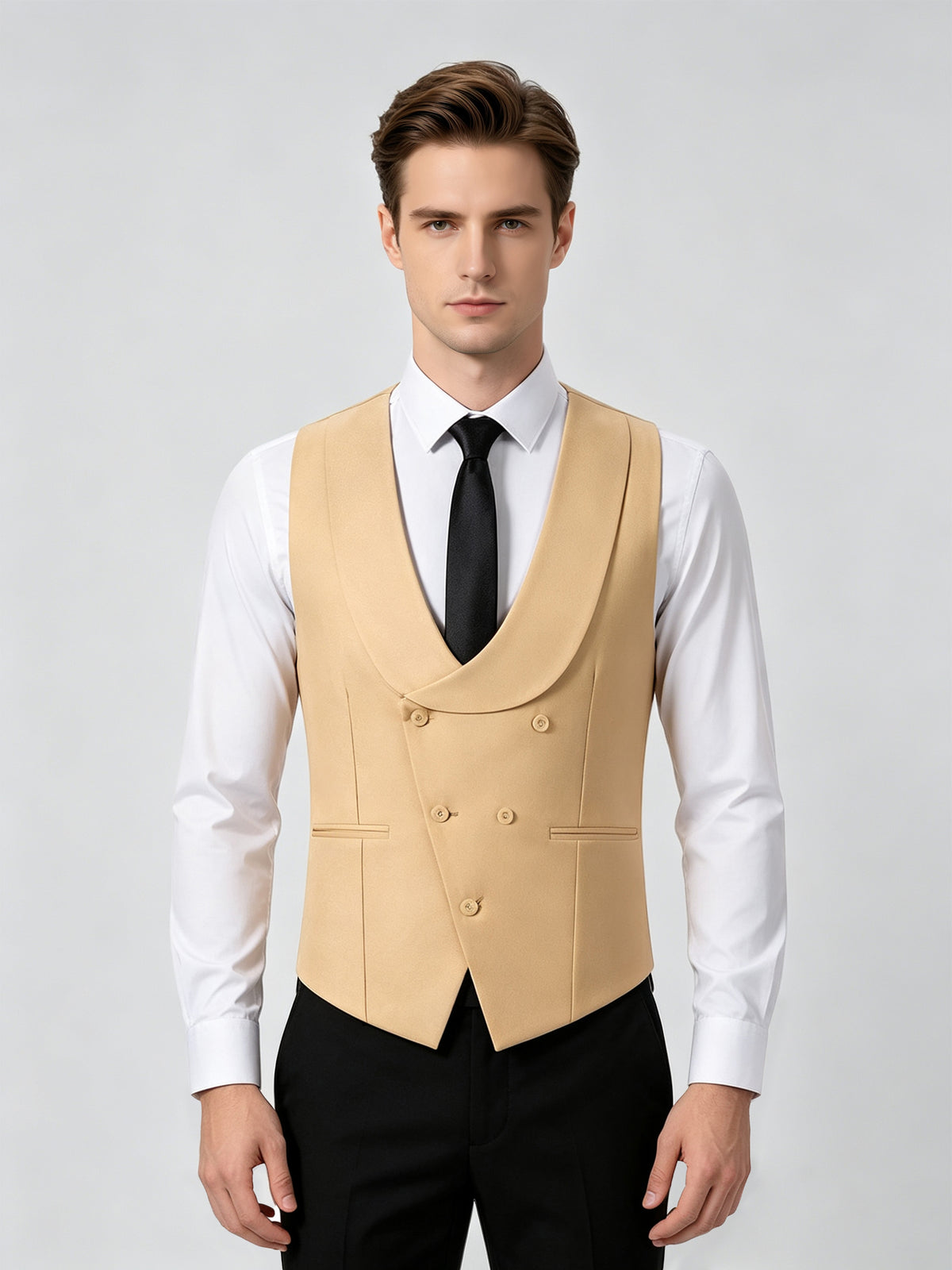 Cicinia Black Men's Suits 3 Pieces Tuxedo Contrast Peak Lapel Single Button Jacket Double Breasted Vest Straight Trousers