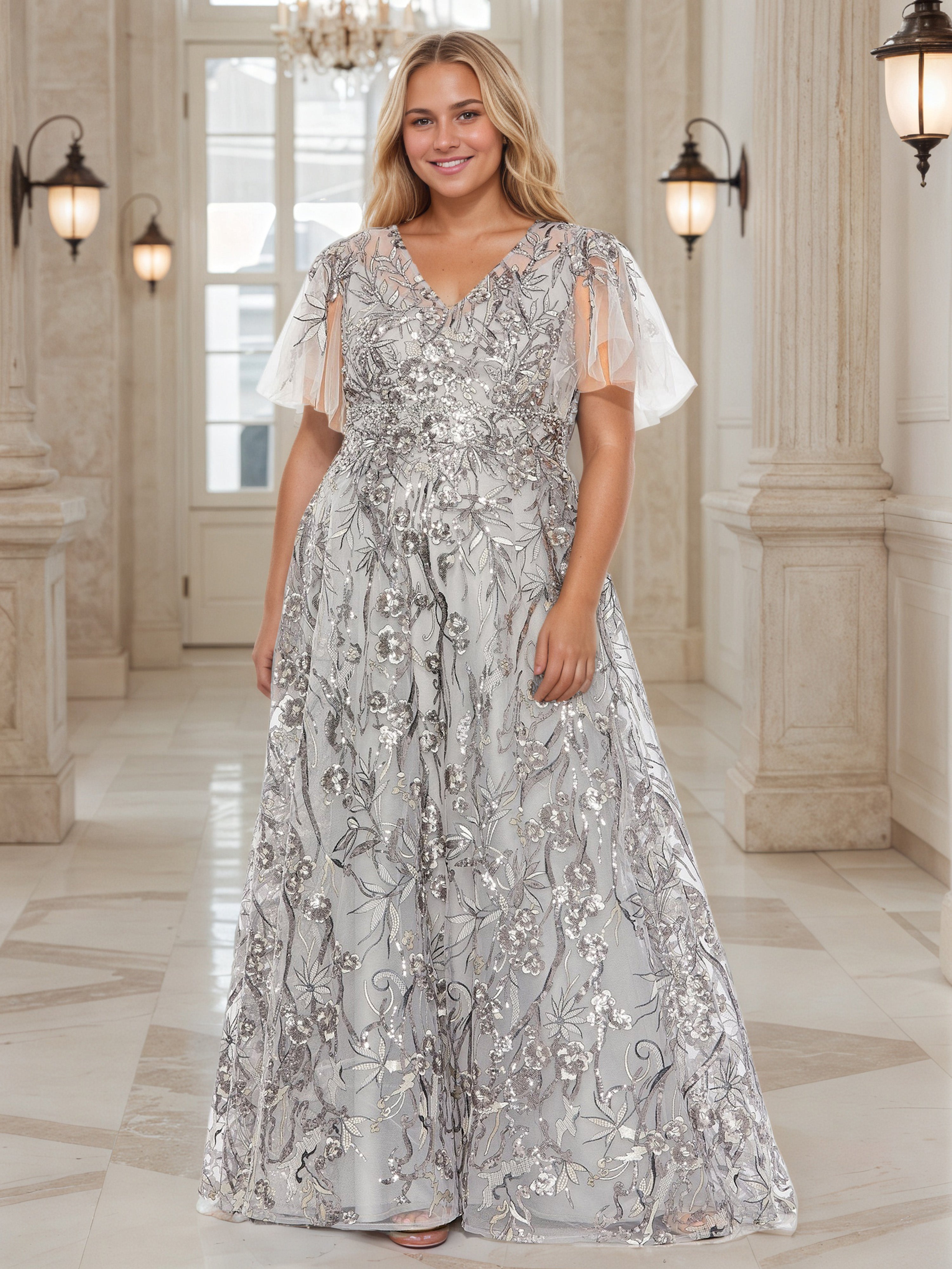 Elegant Silver Sequins Lace Long V-Neck Plus Size Prom Dress Elegant Silver Sequins Lace Long V-Neck Plus Size Prom Dress