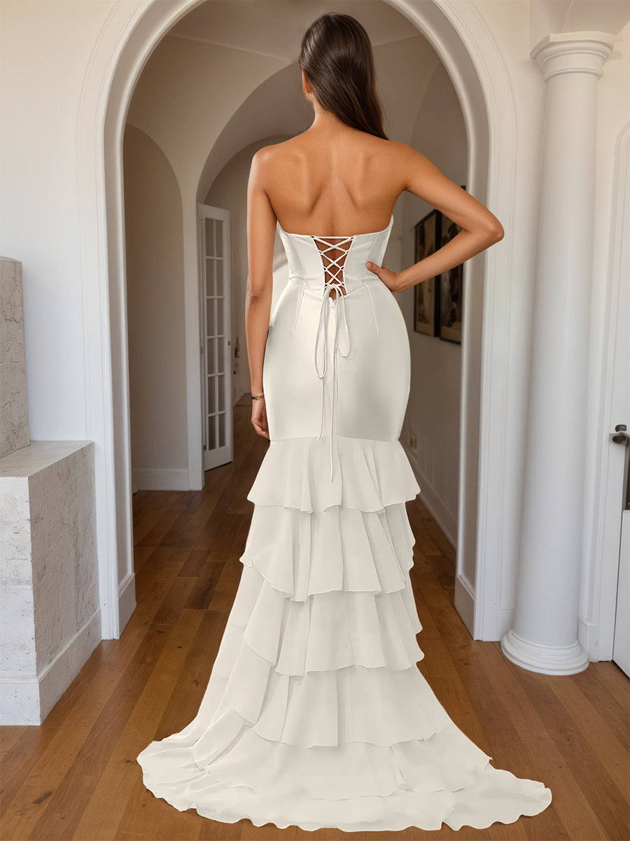 Cicinia Ivory Prom Dresses Long Sheath Slit Sweetheart Layered Gowns