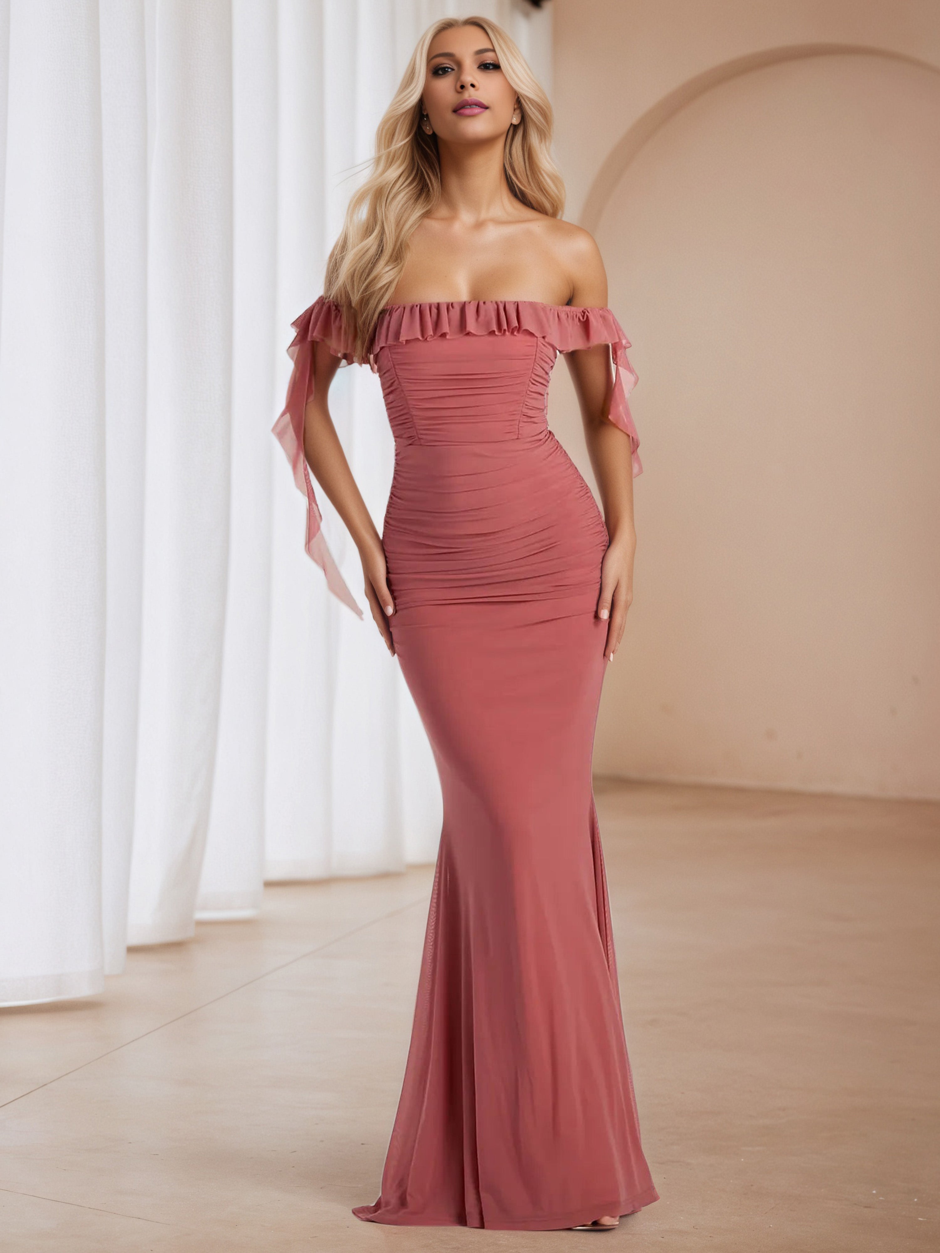 Cinnamon Rose Ruffle Off The Shoulder Trumpet/Mermaid Formal Dresses