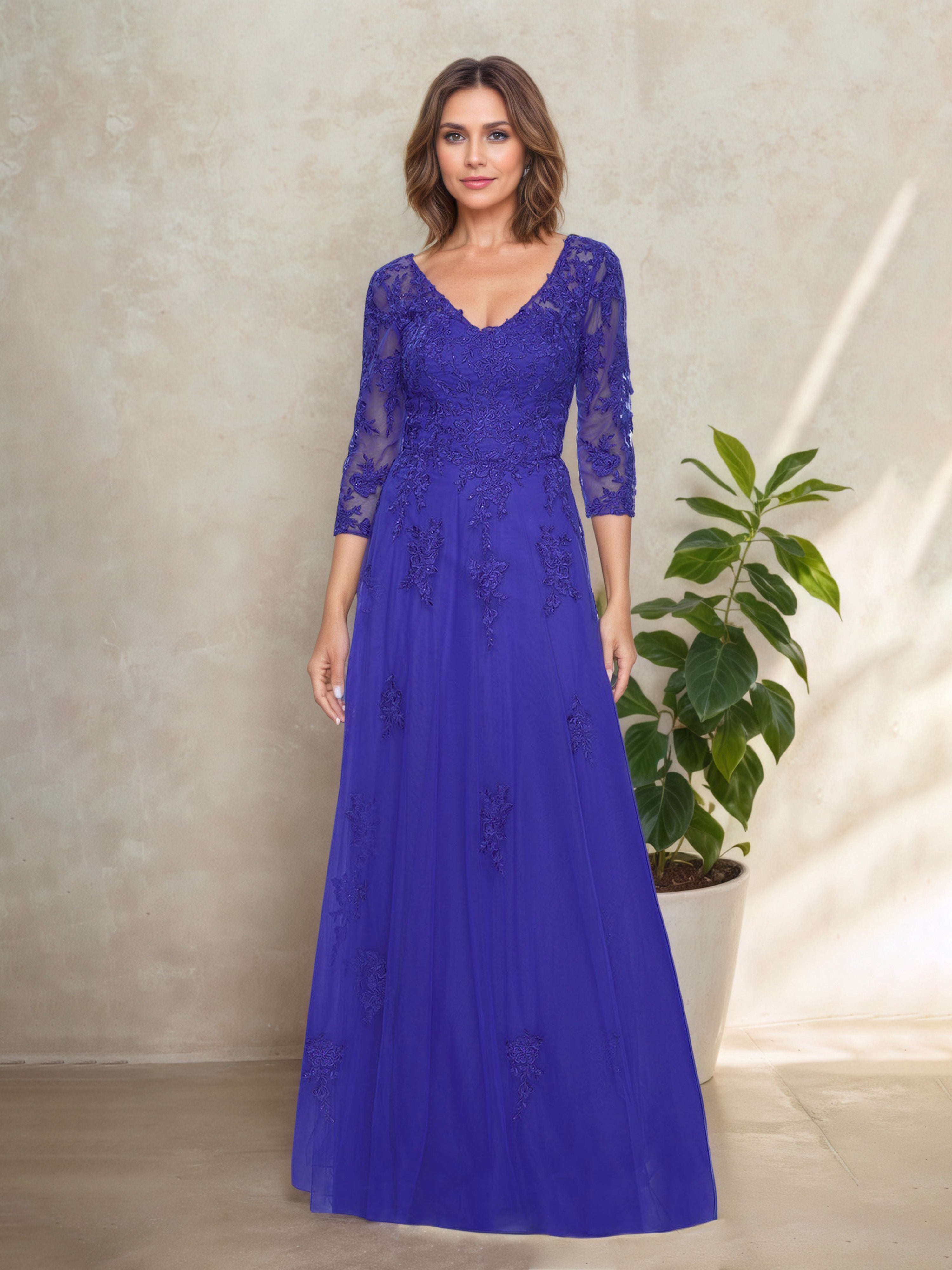 Royal Blue Illusion V-Neck Lace 3/4 Sleeves Mother Of The Bride Dress Royal Blue Illusion V-Neck Lace 3/4 Sleeves Mother Of The Bride Dress