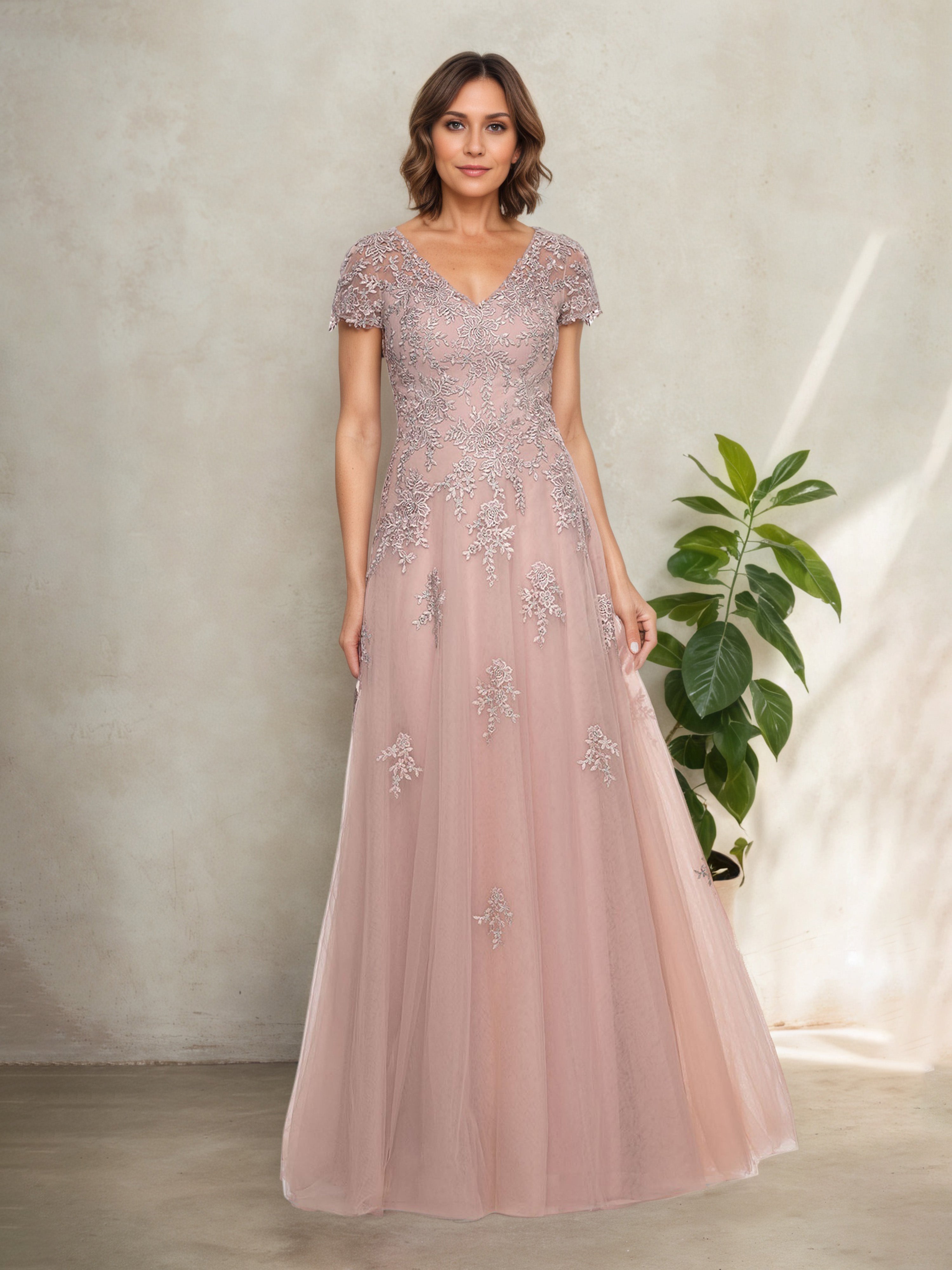 Dusty Rose Lace Short Sleeves V-Neck Mother of The Bride Dress Dusty Rose Lace Short Sleeves V-Neck Mother of The Bride Dress