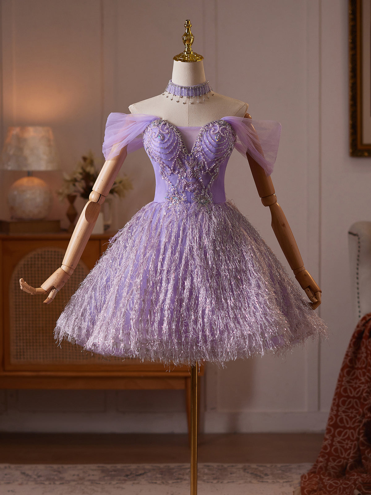 Cicinia Off The Shoulder Lilac Homecoming Dresses Short A-line Glitter Fringe Mini Formal Dresses