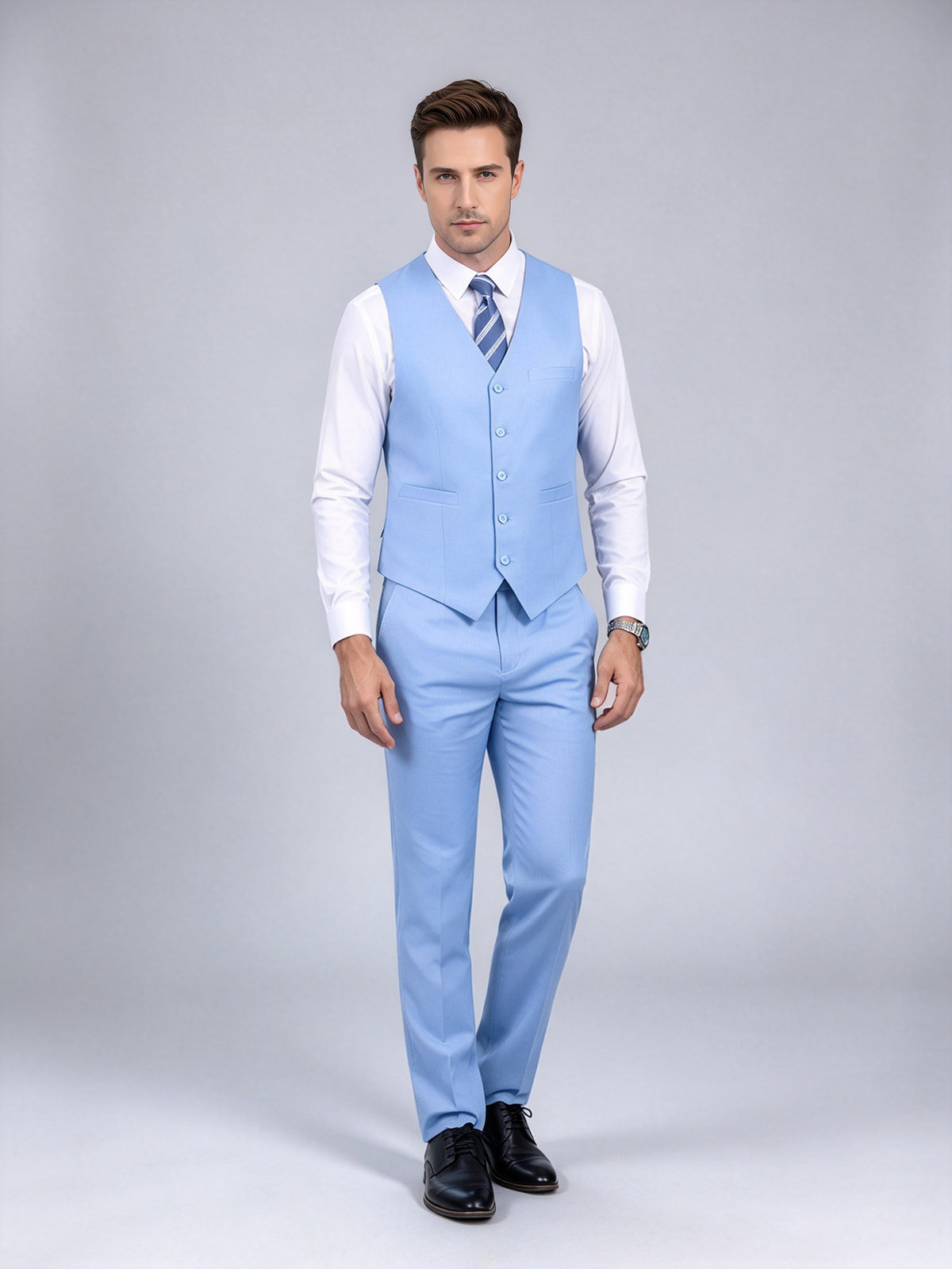 Cicinia Solid Sky Blue Men's Suits Notch Lapel Slim 3 Pieces Solid Formal Wedding Suit