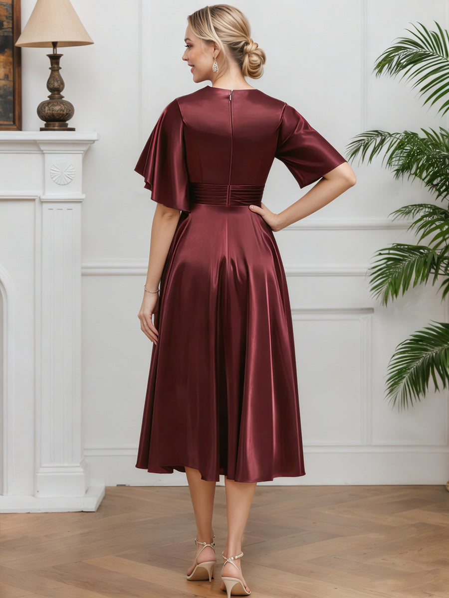 Cicinia Cabernet Mother Of The Groom Dress Long Soft Satin V-neck A-line Tea Length