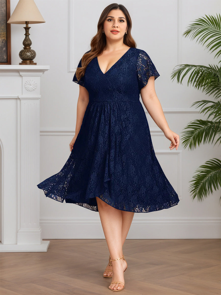 Cicinia Navy Blue Mother of The Bride Dress Long Lace A-Line V-Neck Tea Length Plus Size