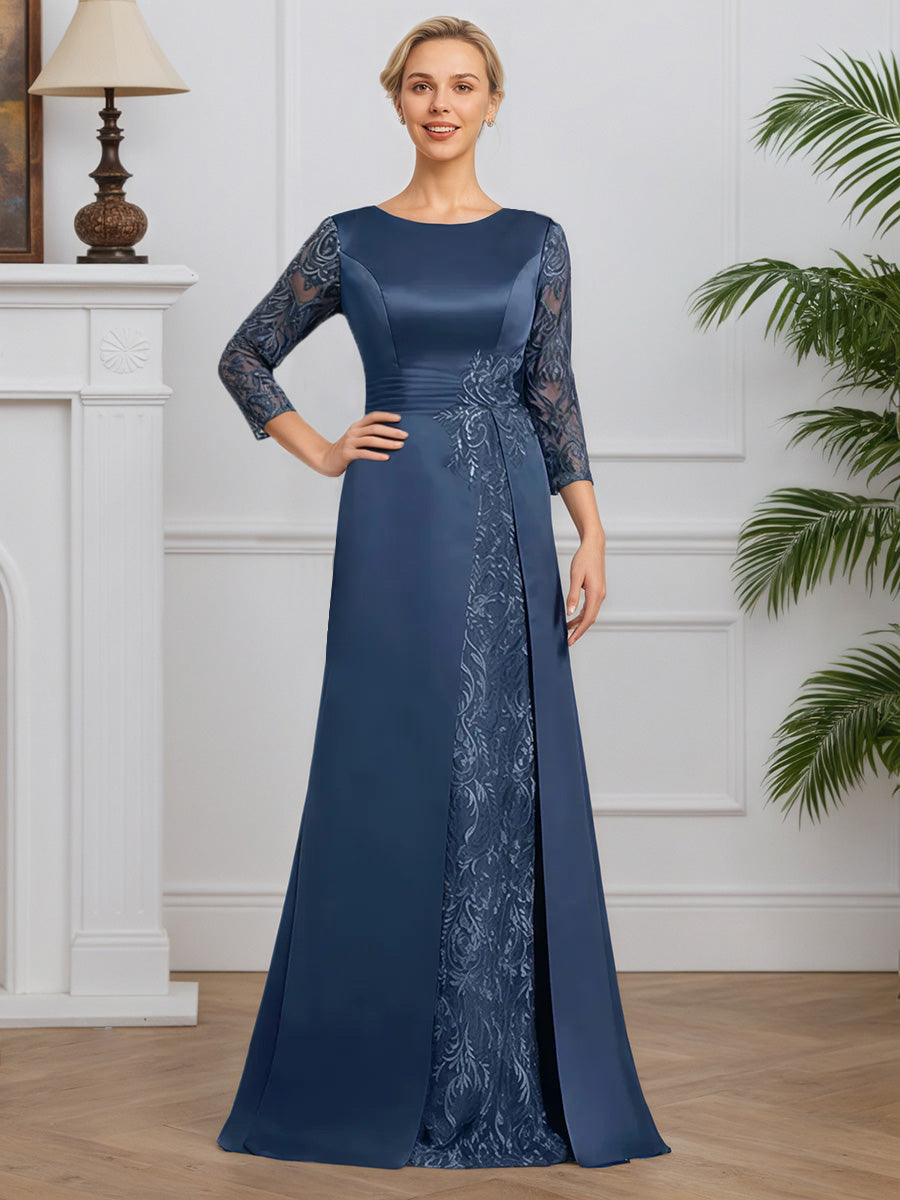 Cicinia Ink Blue Mother Of The Bride Dress Long Satin Lace A-line 3/4
