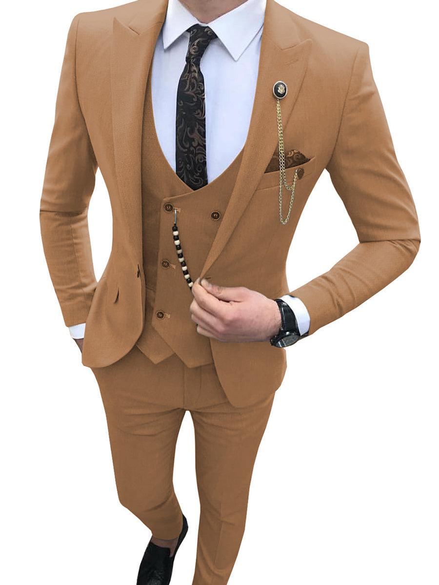 Brown 3 Pieces Wedding Suits Solid Color Slim Fit Men's Suit