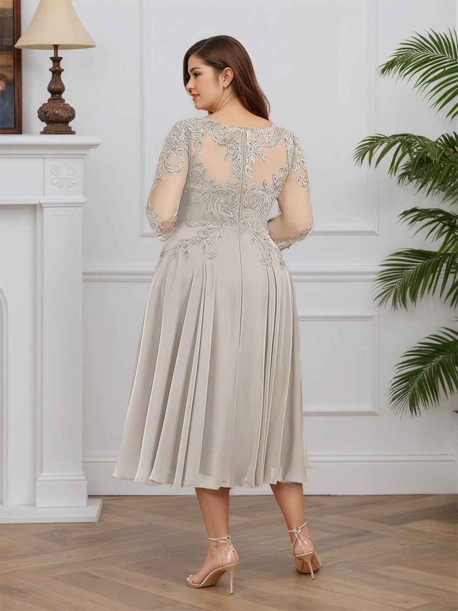 Cicinia Silver Mother Of The Bride Dress Long Chiffon Lace A-line Tea Length Plus Size