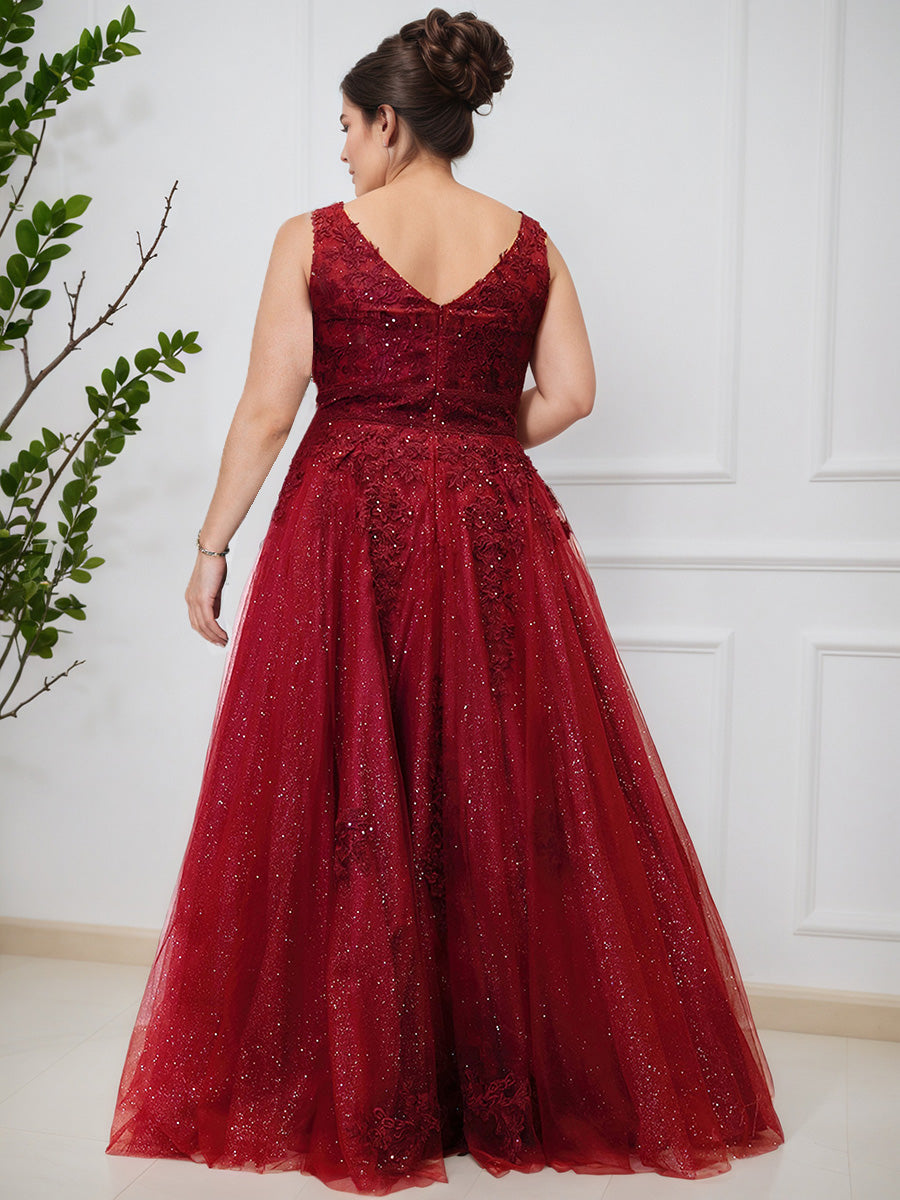 Glitter Burgundy A-line Floor Length Long Plus Size Prom Dress