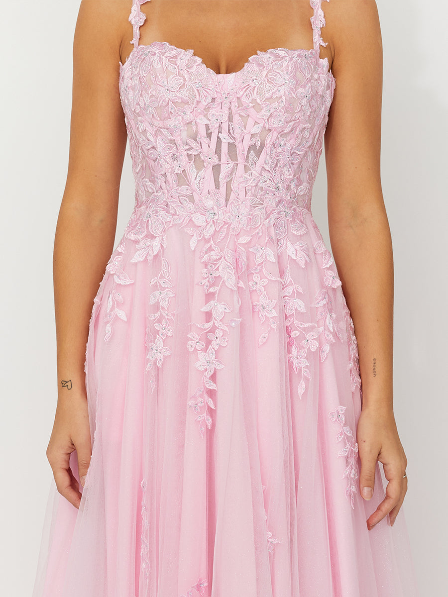 Cicinia Blushing Pink Prom Dresses Long Tulle A-line Appliques Lace Floor Length