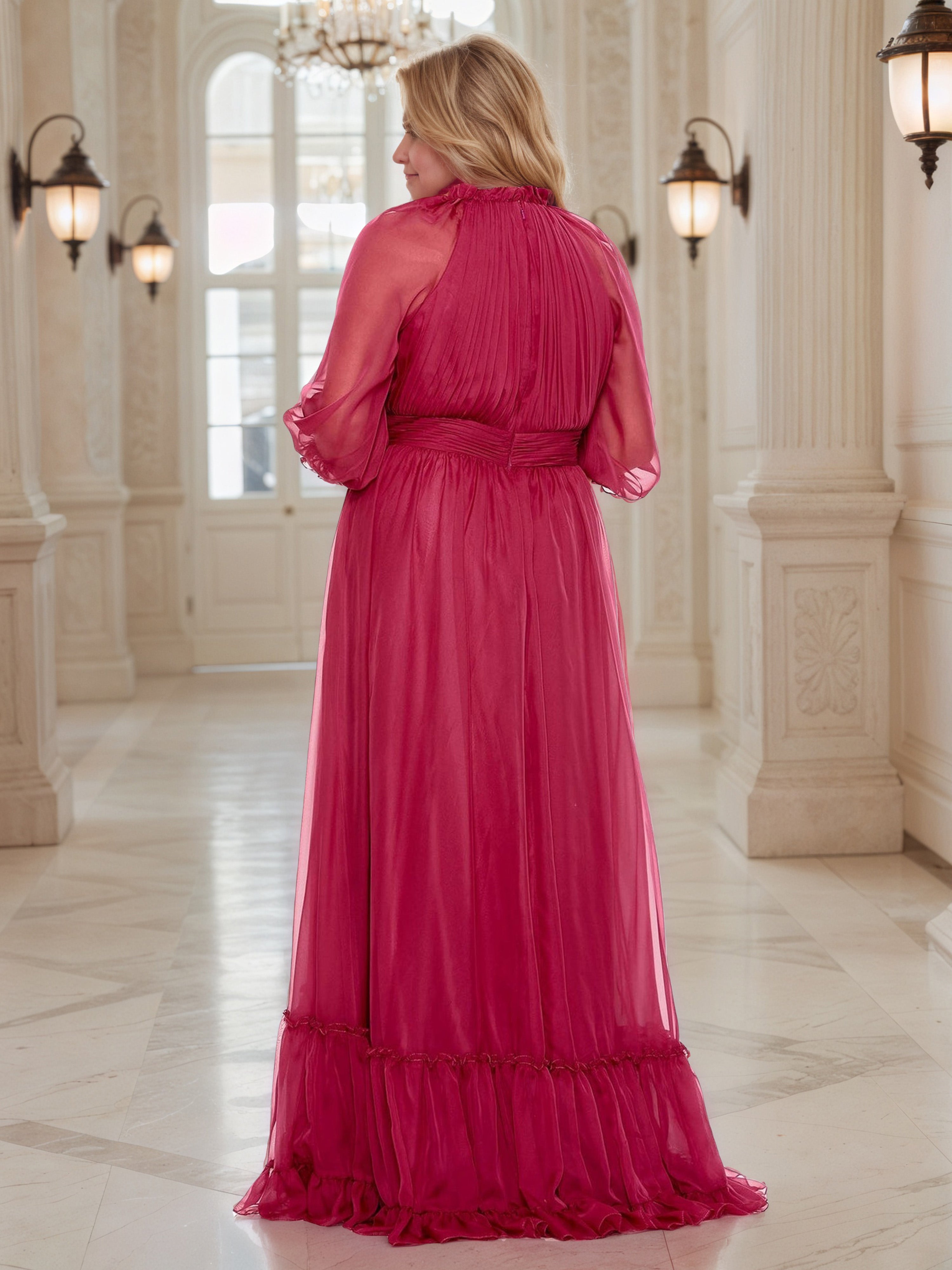 Charming Fuchsia A-line Long Plus Size Prom Dress With Sleeves