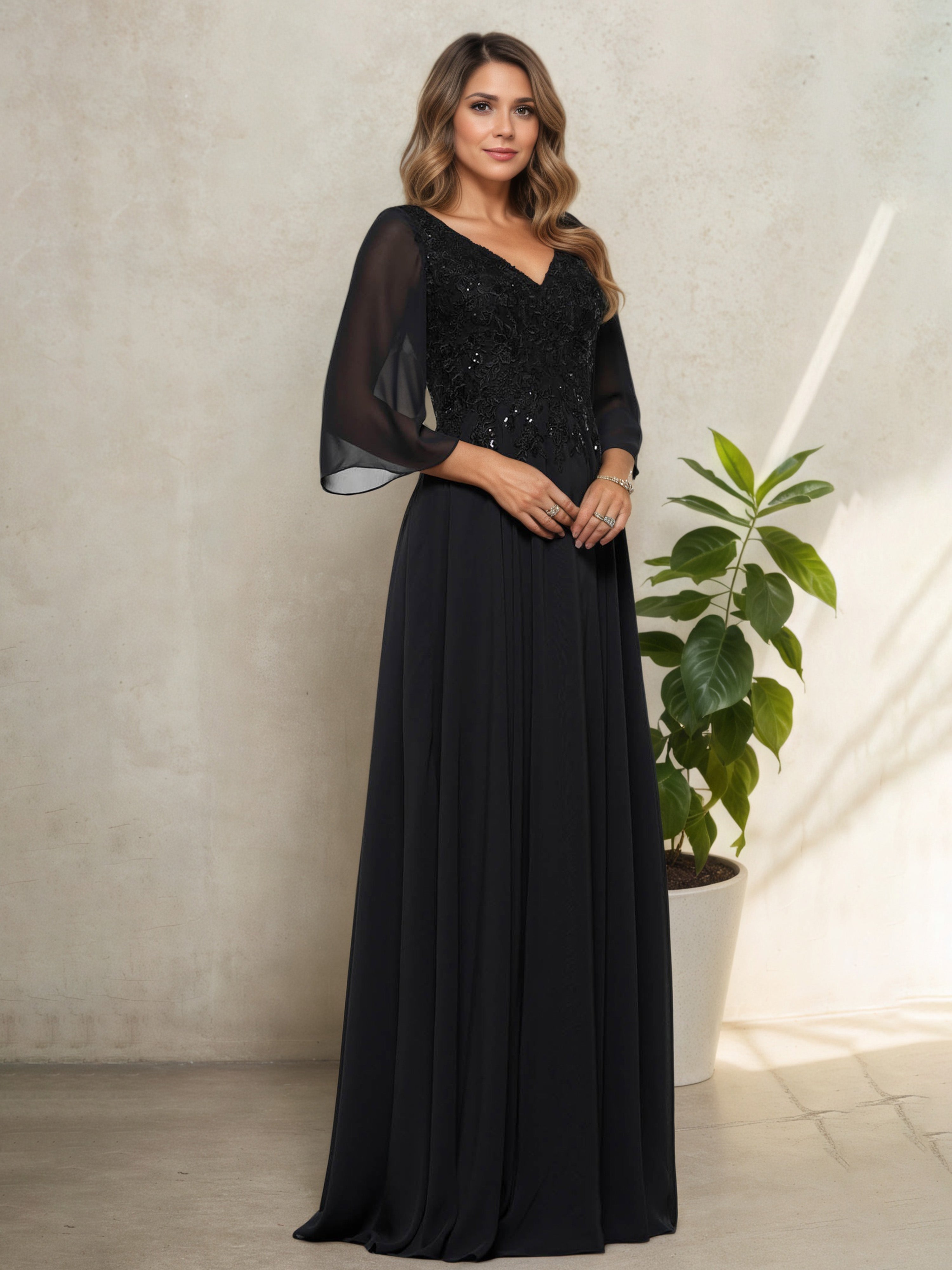 Appliques V-Neck 3/4 Sleeves Black Mother Of The Bride Dress Appliques V-Neck 3/4 Sleeves Black Mother Of The Bride Dress