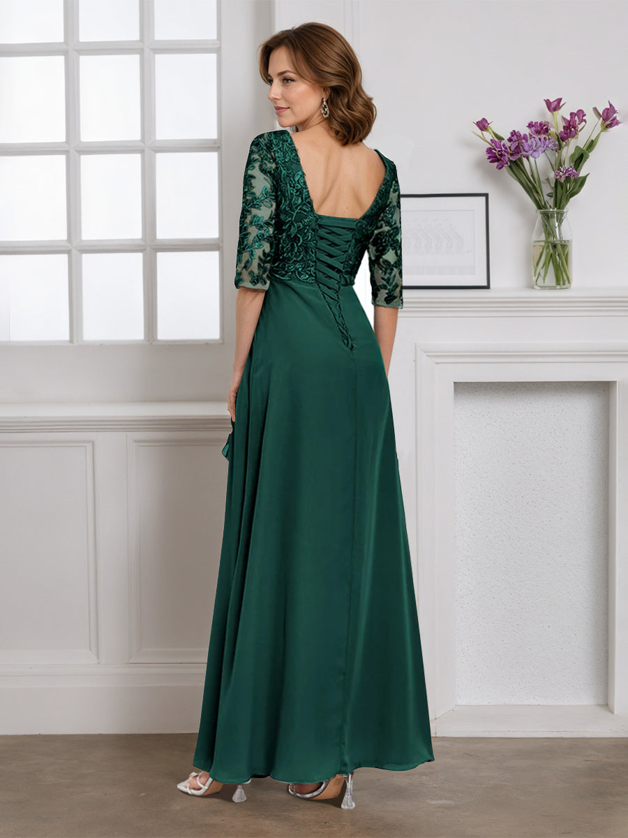 Cicinia Dark Green Mother Of The Bride Dress Half Sleeves Long Chiffon Lace A-line V-neck Floor Length Gowns