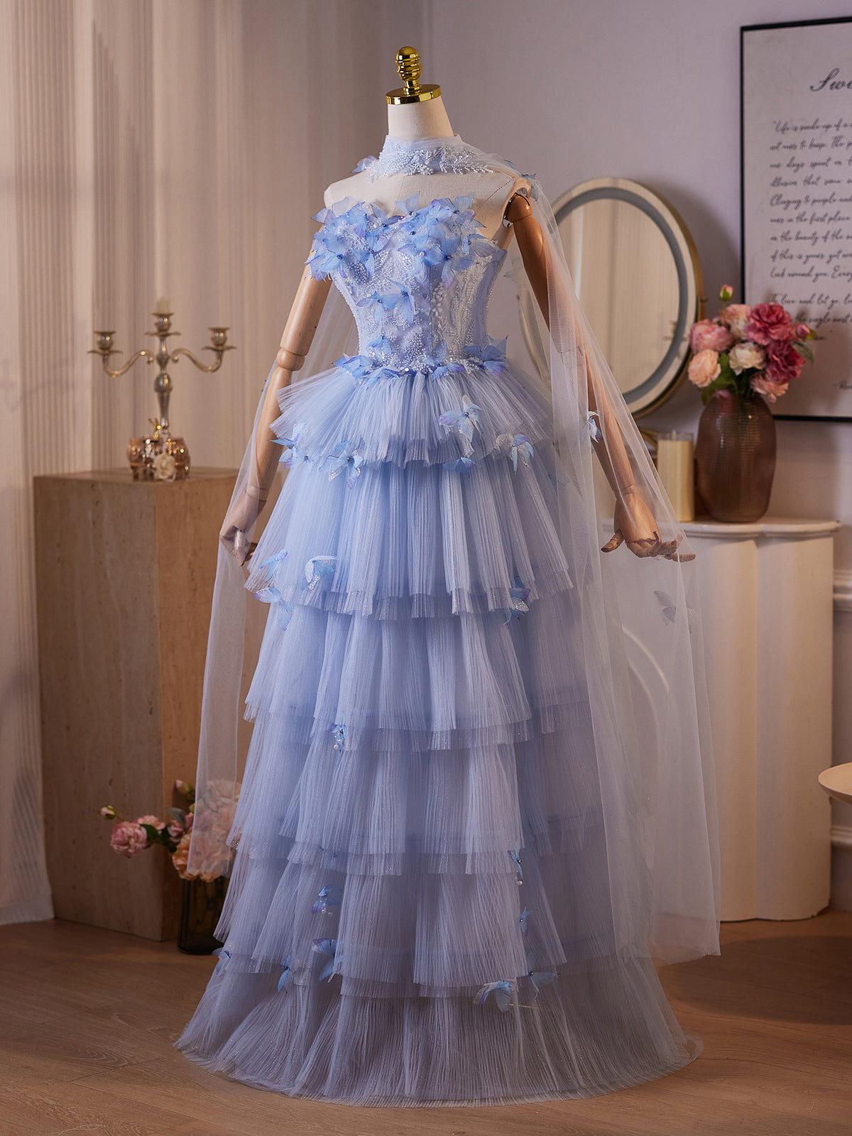 Cicinia Tiered Tulle 3D Butterfly Appliques Beaded Sweetheart Blue Wedding Dresses Long Floor Length