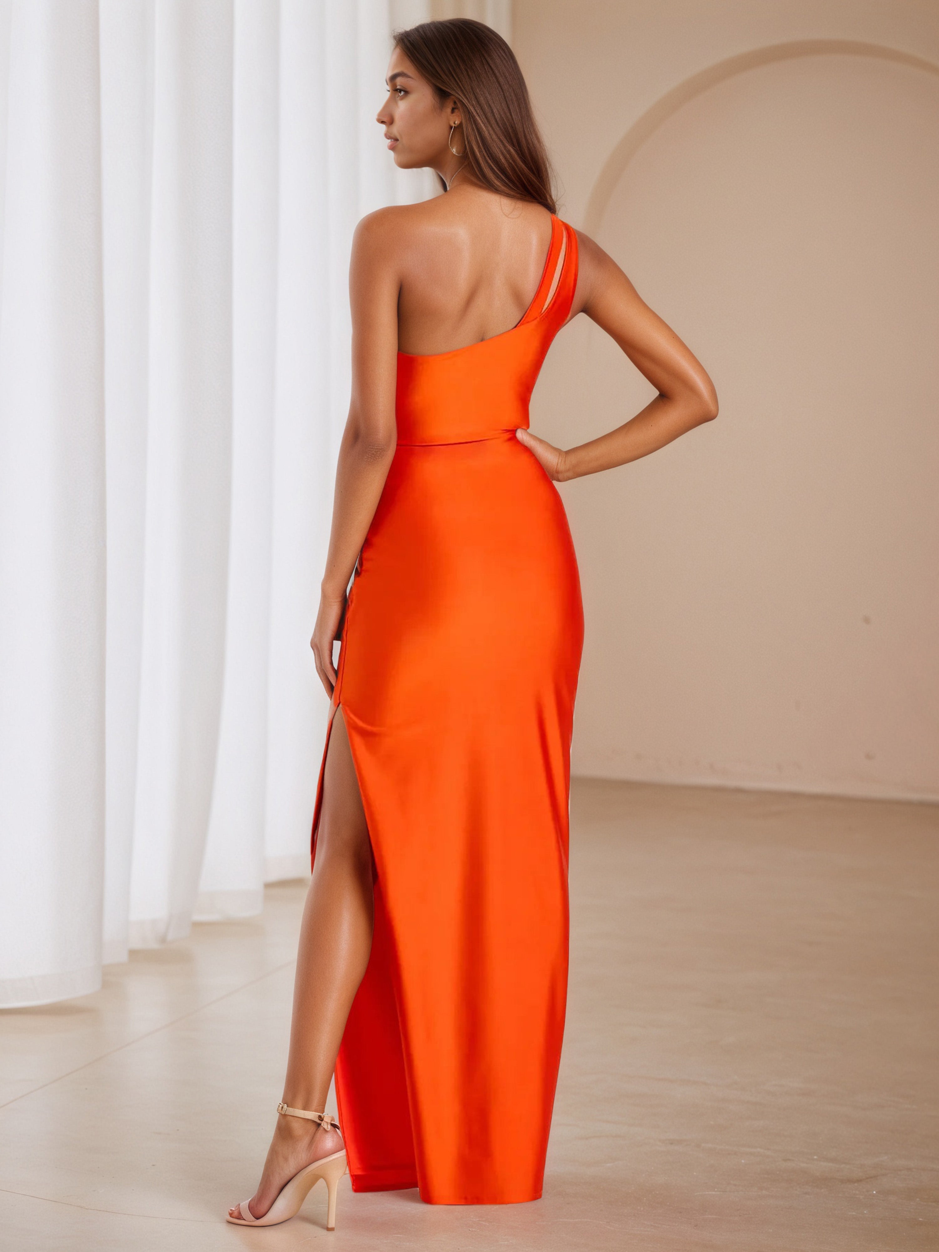 Trumpet/Mermaid Burnt Orange Cut-Out One Shoulder Formal Dresses with Split