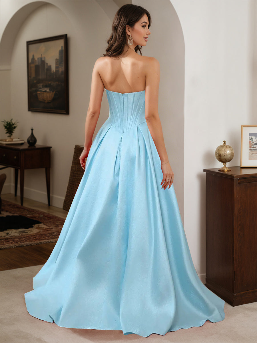 Cicinia Sky Blue Prom Dresses Long Satin A-line Strapless Floor Length Dress