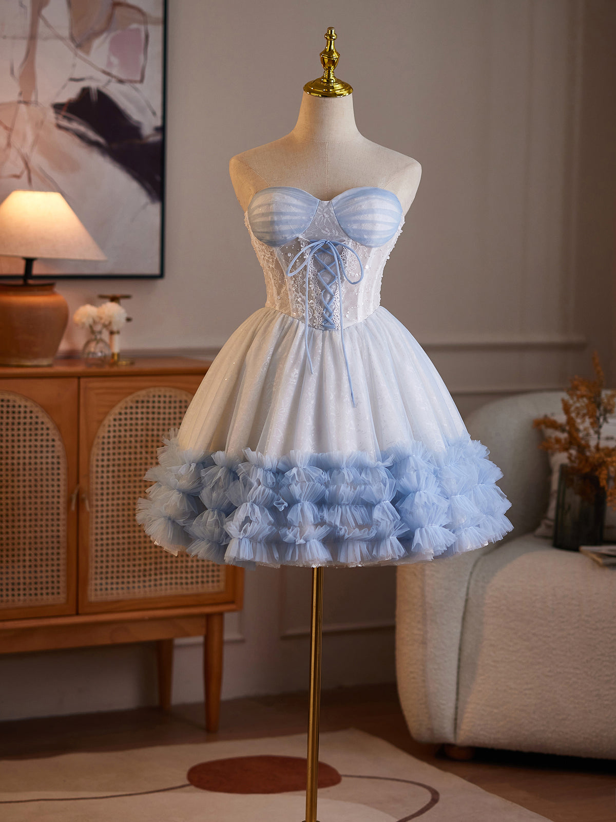 Cicinia Lace‑Up Tiered Ruffle Tulle Sky Blue White Wedding Dresses Short Lace A-line Bridal Dress