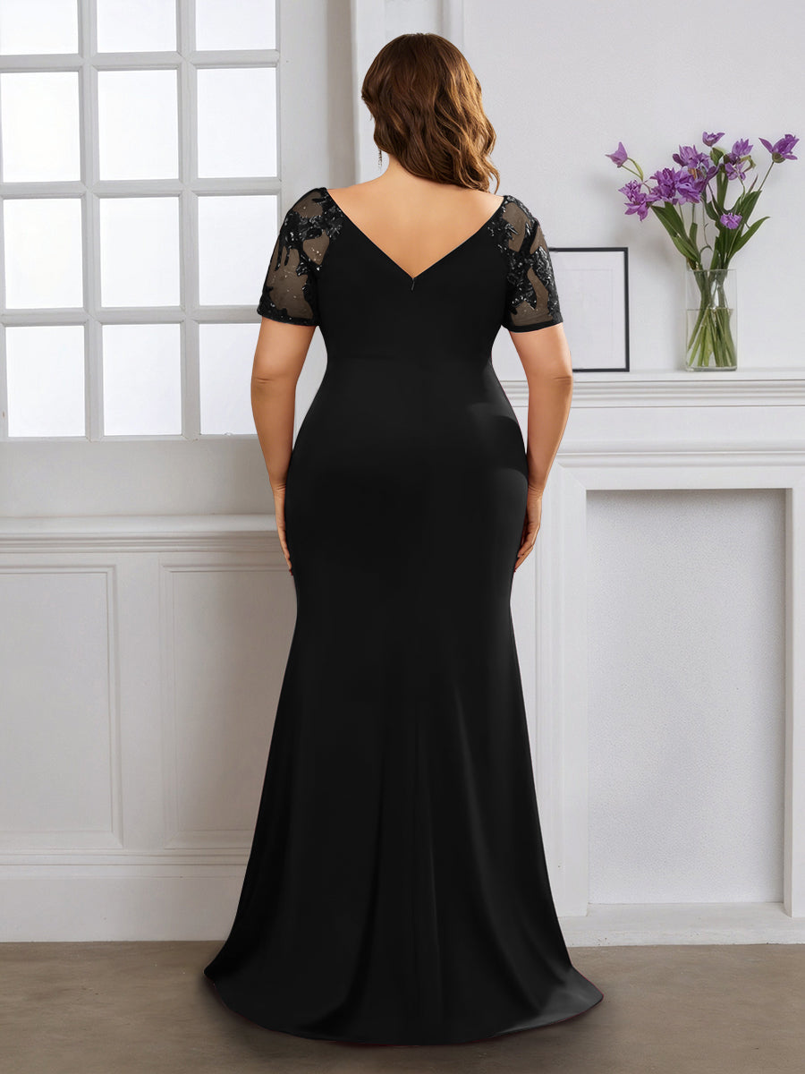 Cicinia Black Mother Of The Bride Dress With Sleeves Plus Size Long Stretch Fabric Sheath V-neck Slit