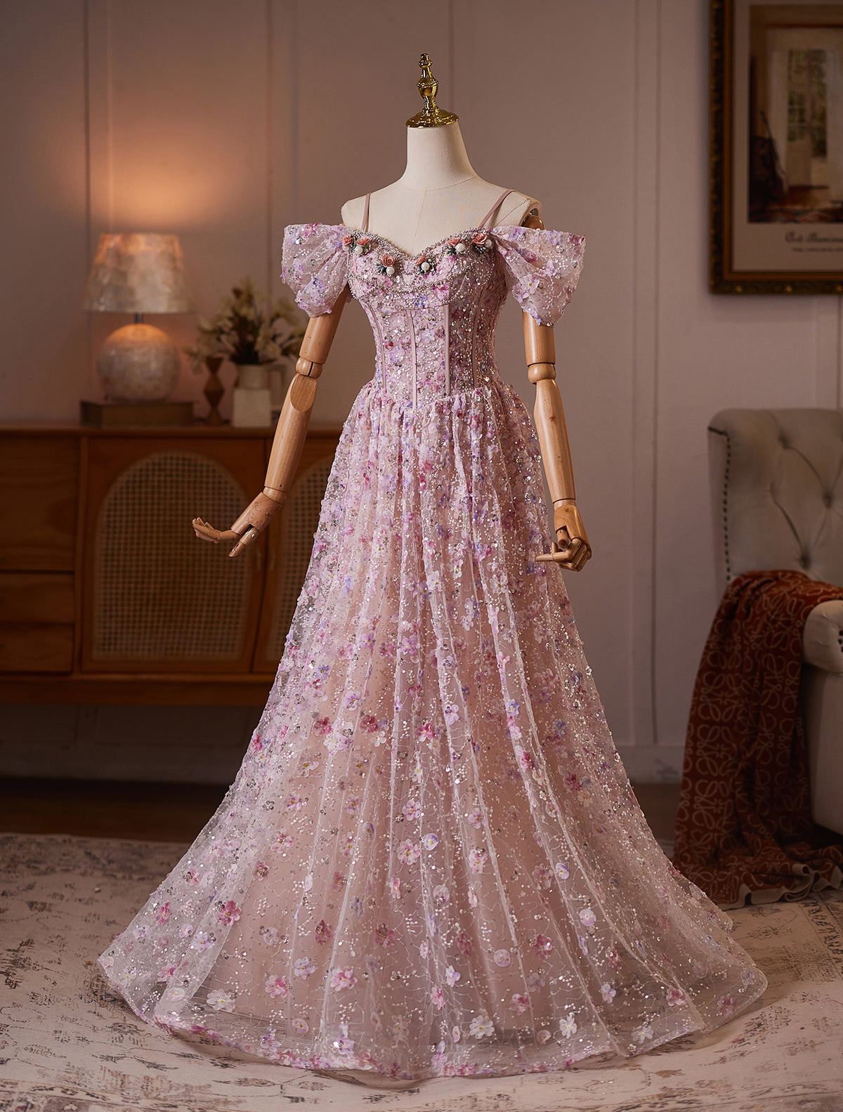 Cicinia Sequined Floral Tulle Pink Prom Dress Long A-line Off The Shoulder Floor Length Evening Dress
