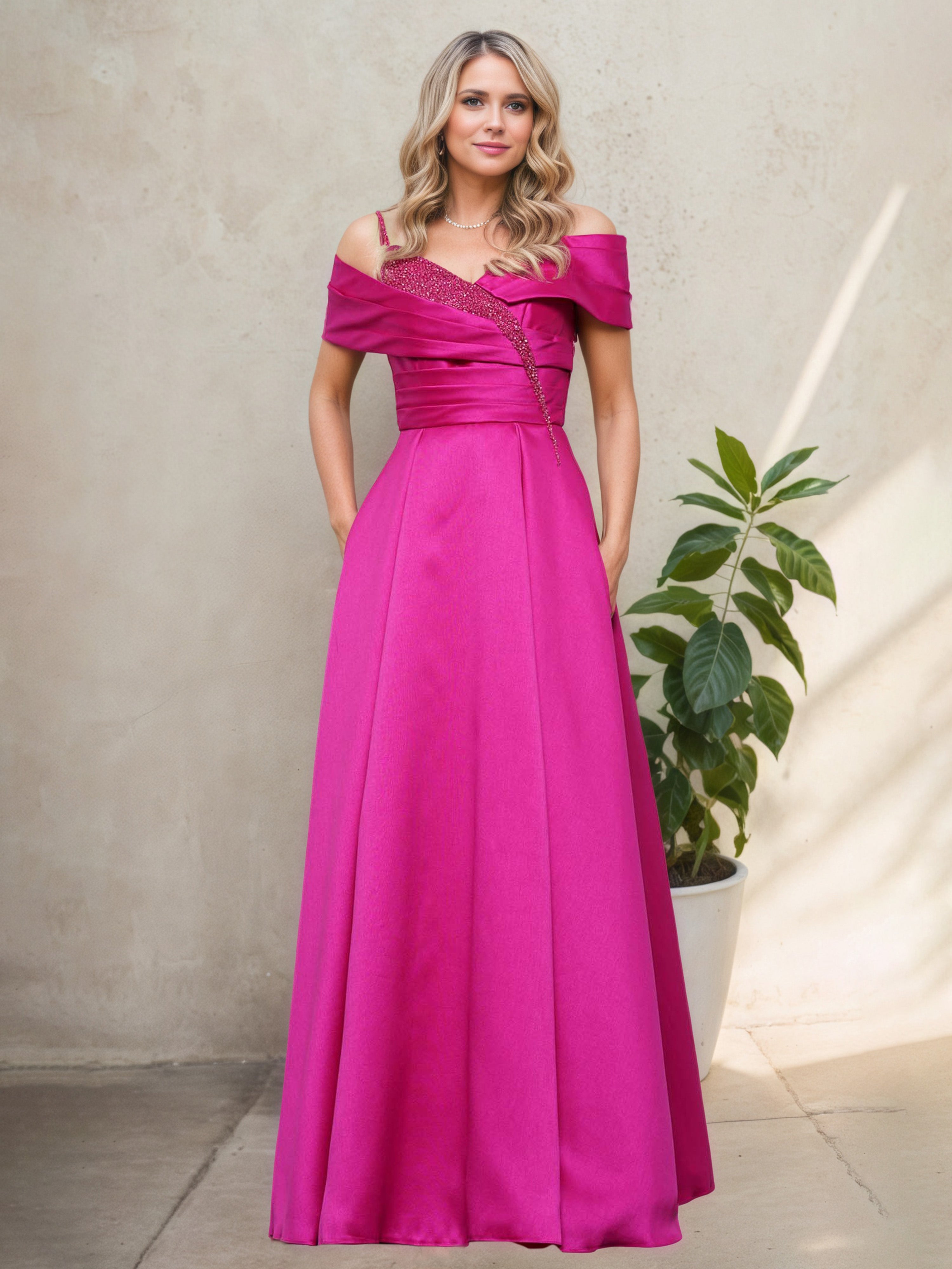 fuschia pink mother of the bride dress Fuchsia Chiffon A-Line Mother of the Bride Dresses V-Neck Pleats Long Sleeves
