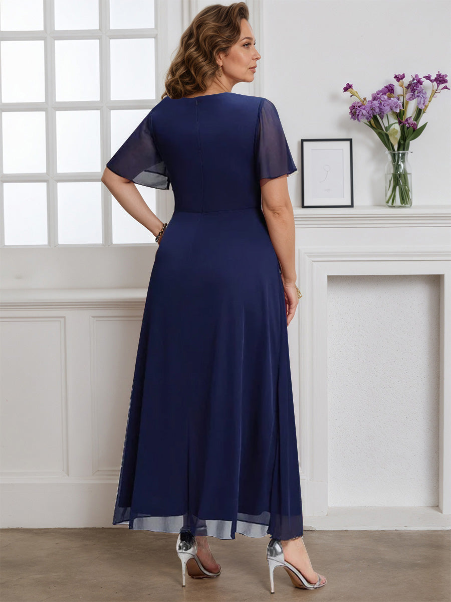 Cicinia Navy Blue Mother Of The Bride Dress Long Chiffon A-line Flutter Sleeves V-neck Plus Size