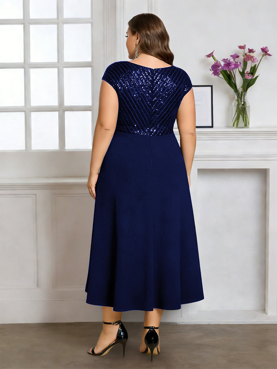 Cicinia Navy Blue Mother Of The Bride Dress Plus Size Long Chiffon Sequins A-line Tea Length V-neck