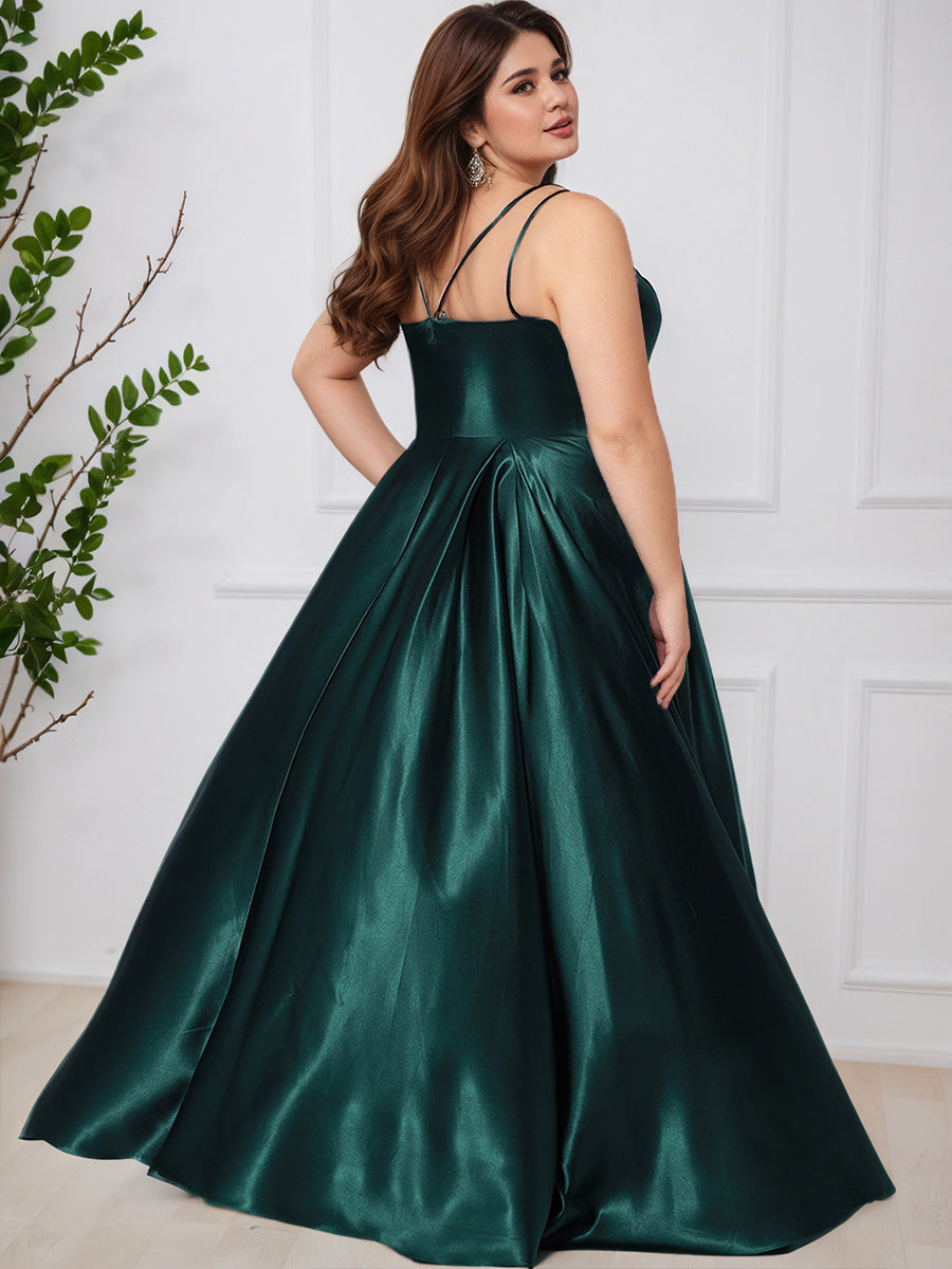 Simple Dark Green Soft Satin A-line Spaghetti Straps Long Plus Size Prom Dress