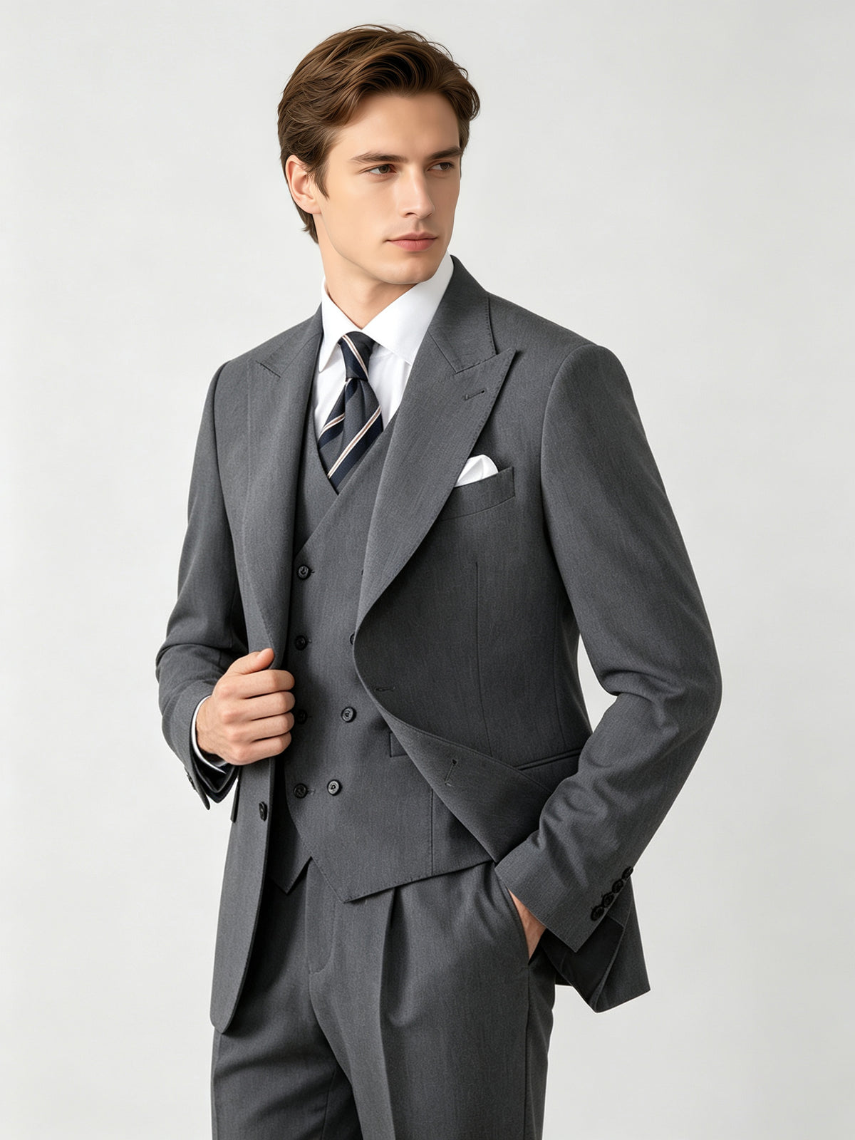 Cicinia 3 Pieces Suit Peak Lapel Double Breasted Waistcoat Solid Fabric Cuffed Trousers Steel Grey Men's Suits