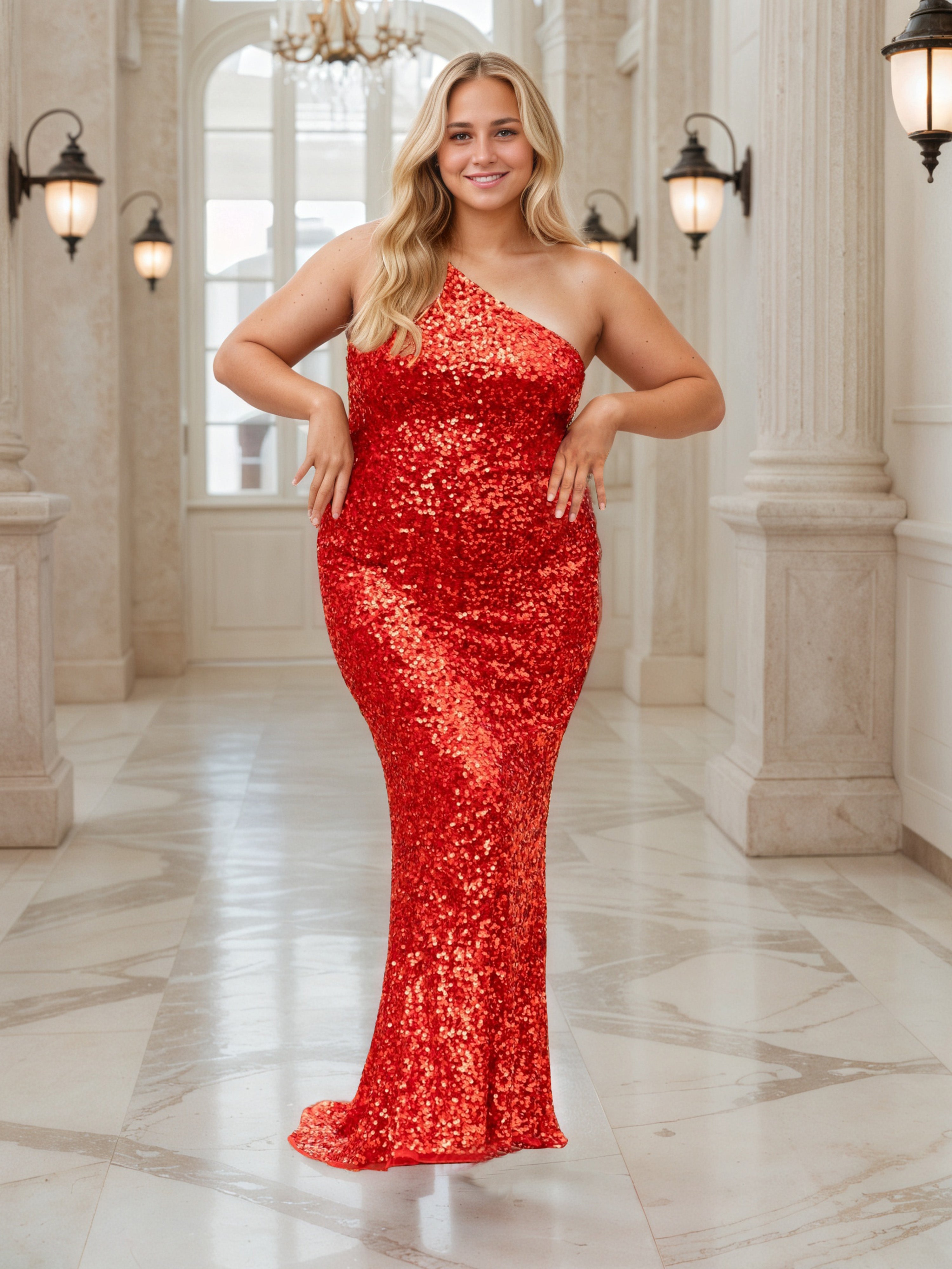 Charming Red Ond Shoulder Plus Size Sequins Long Prom Dress Charming Red Ond Shoulder Plus Size Sequins Long Prom Dress