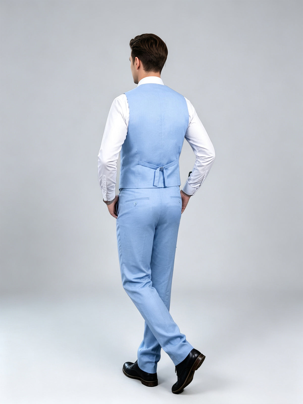 Cicinia Solid Sky Blue Men's Suits Notch Lapel Slim 3 Pieces Solid Formal Wedding Suit