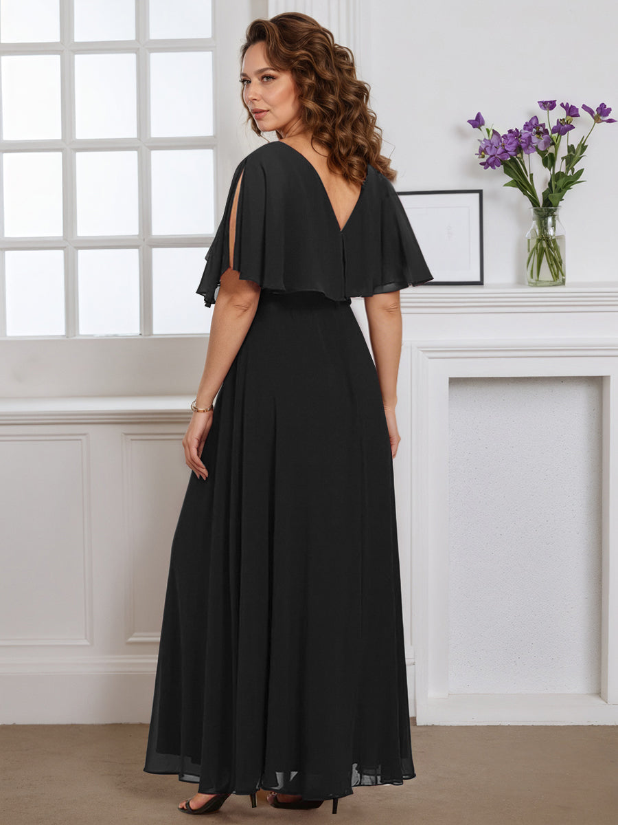 Cicinia Black Mother Of The Bride Dress Long Chiffon Plus Size A-line V-neck Flutter Sleeves