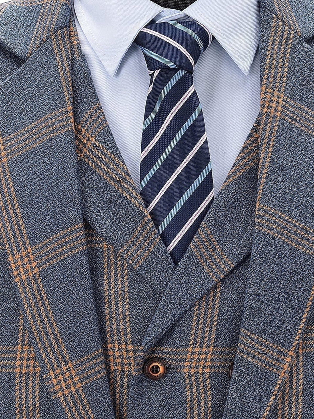 Cicinia Single Breasted Woven Plaid Tailored Fit 3 Pieces Notch Lapel Navy Blue Men's Suits