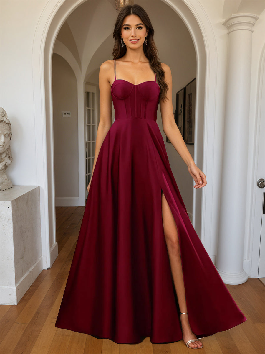 Cicinia Burgundy Prom Dresses Long Sweetheart A-line Satin Spaghetti Straps Floor length