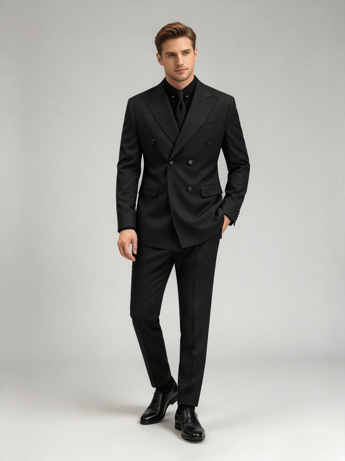 Cicinia Black Double Breasted Men Suit 2 Piece Peak Lapel Slim Fit Party Tuxedo Suit