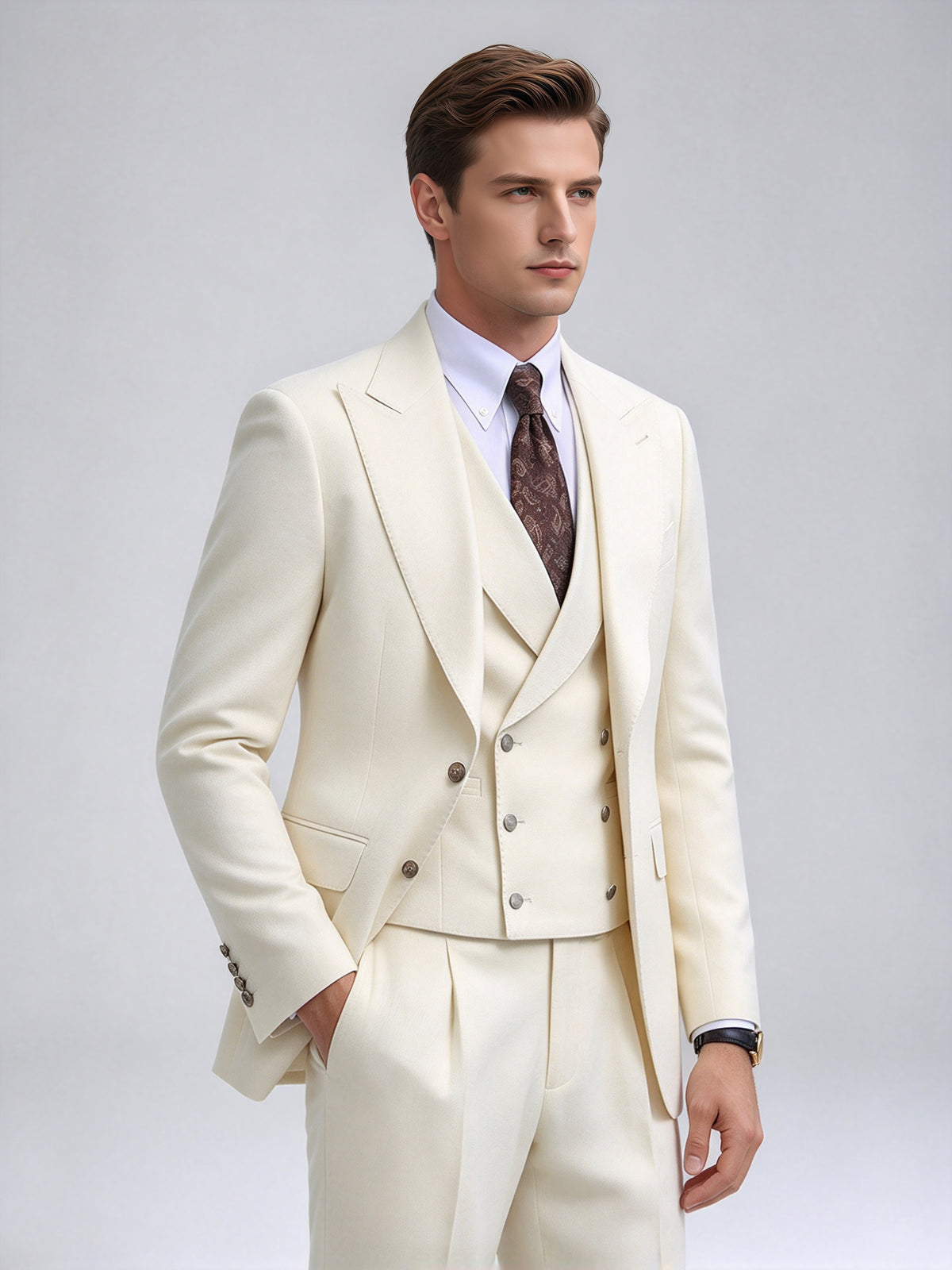Cicinia Luxury Modern Suit Peak Lapel Double Breasted 3 Pieces Solid Ivory Men's Suits