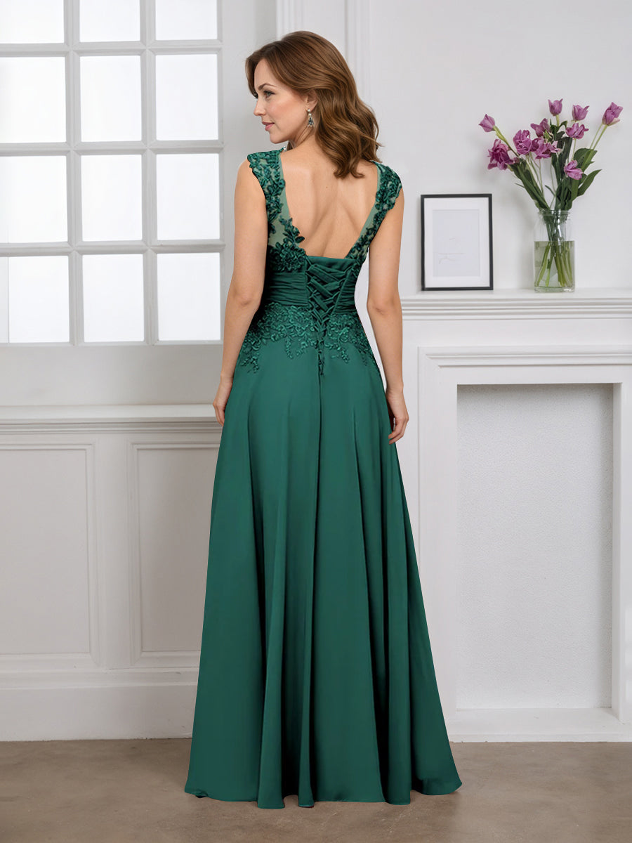 Cicinia Dark Green Mother Of The Bride Dress Long Chiffon Appliques Lace A-line Floor Length V-neck