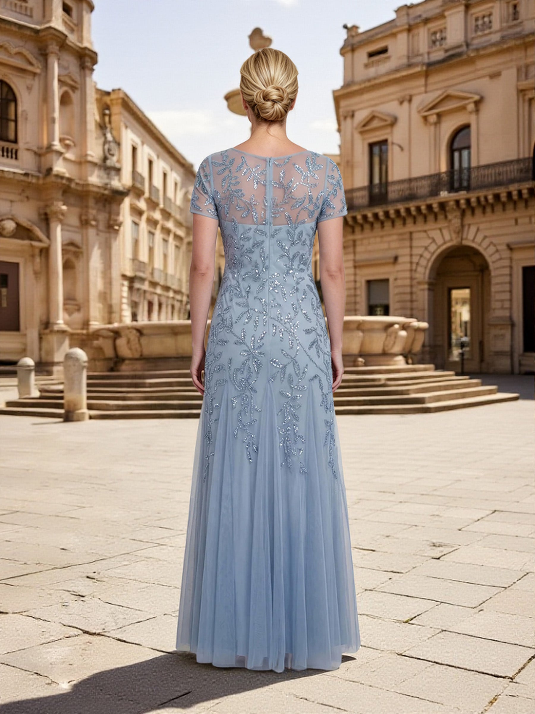 Cicinia Dusty Blue Mother Of The Bride Dress Long Sheath Illusion Neck Short Sleeve Sequin Lace Tulle