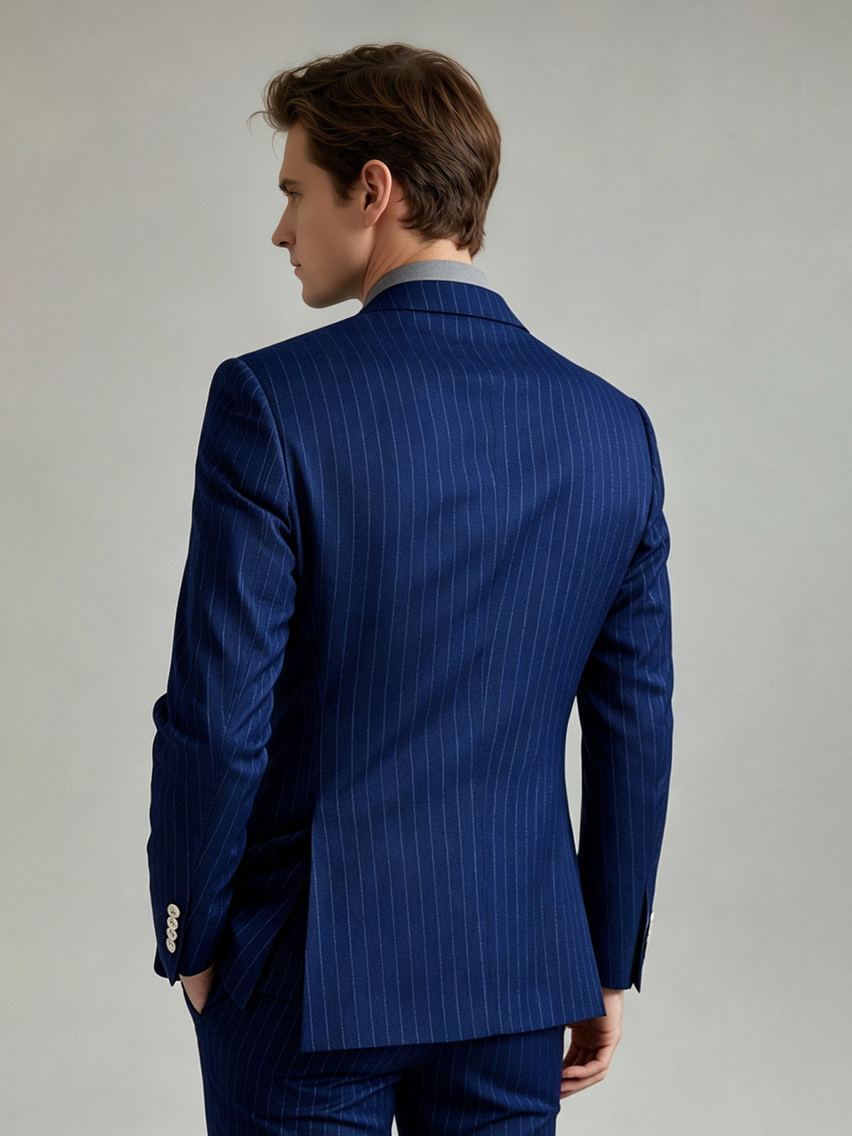 Cicinia Navy Blue Men's Suits Pinstripe 3 Piece Suit Notch Lapel Double Breasted Jacket Vest Straight Trousers