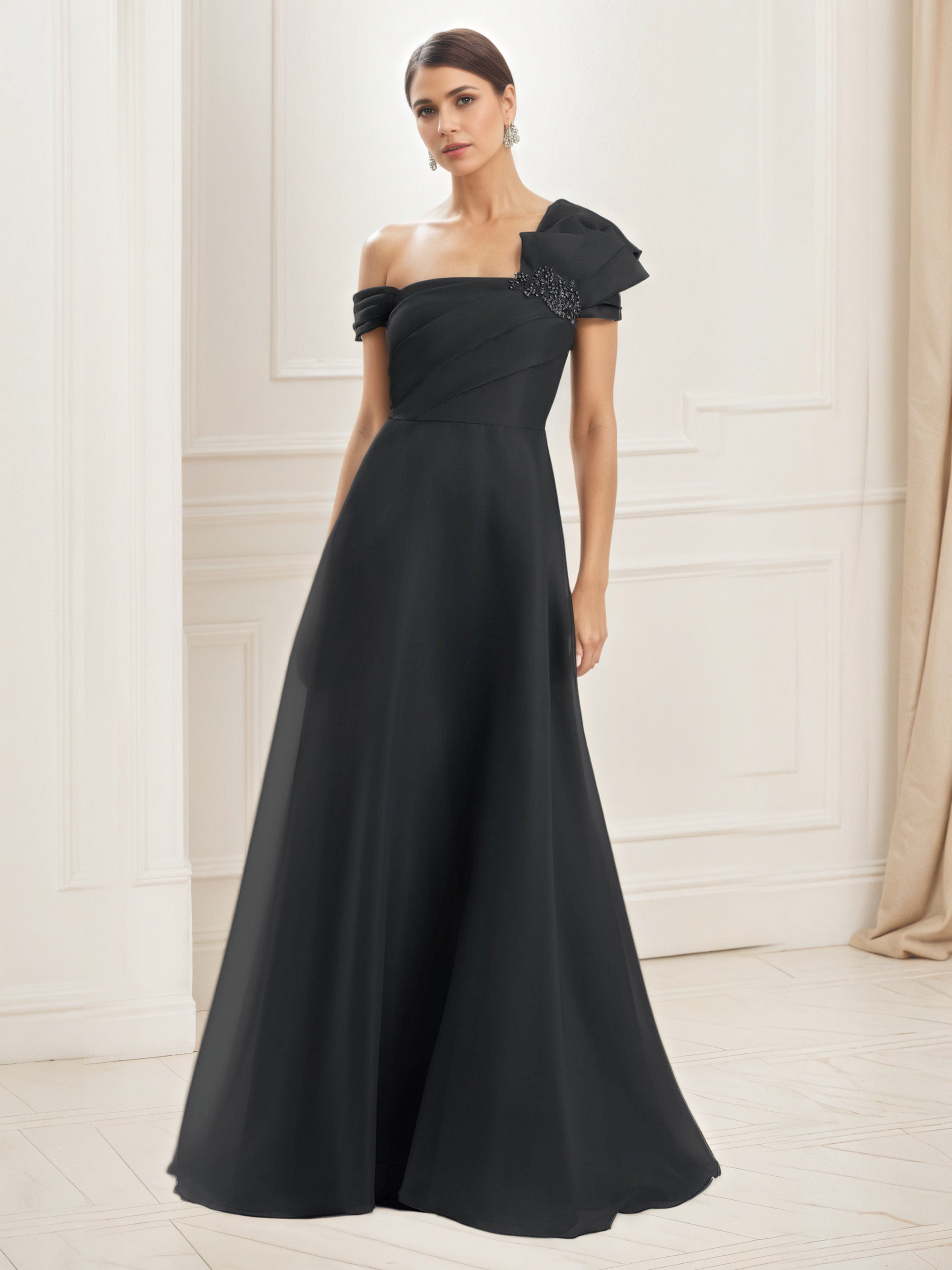 Black Mother Of Bride Dresses A-Line Embellished One Shoulder Pleated Bodice Mother Of The Bride Dress Black Mother Of Bride Dresses A-Line Embellished One Shoulder Pleated Bodice Mother Of The Bride Dress