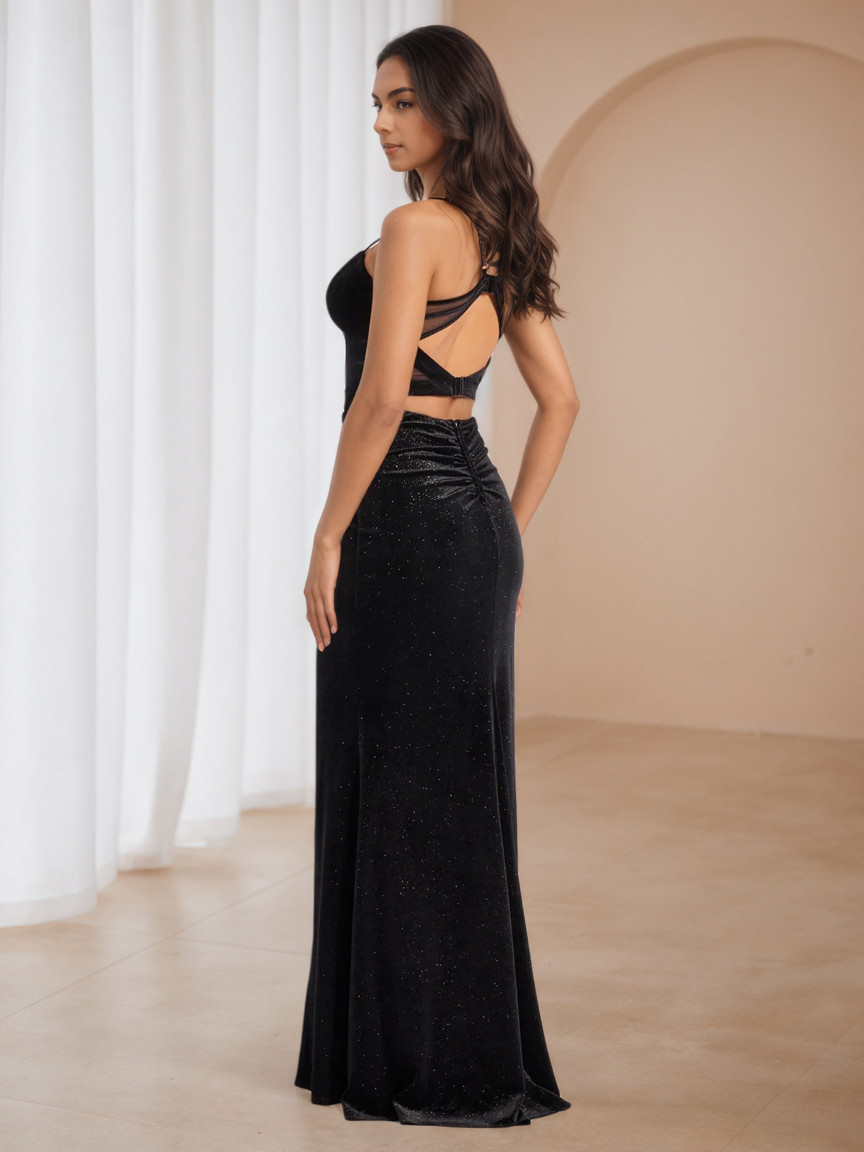 Glitter Black Open Back Long Wedding Guest Dress with Split