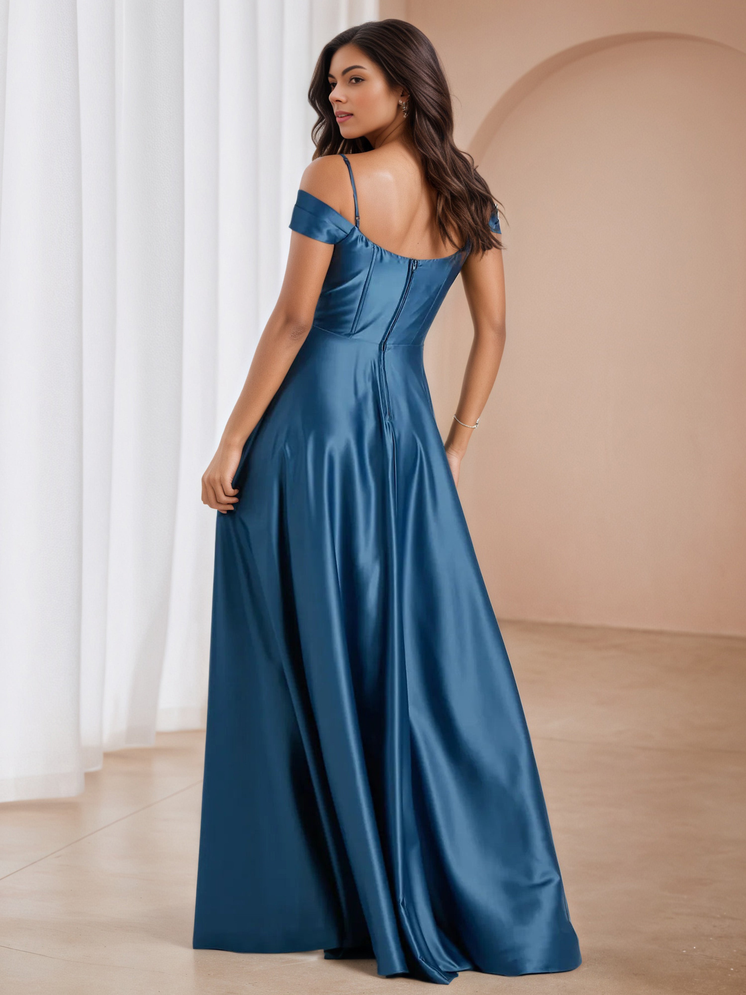 Off The Shoulder Ruched Dark Blue Wedding Guest Dress with Split