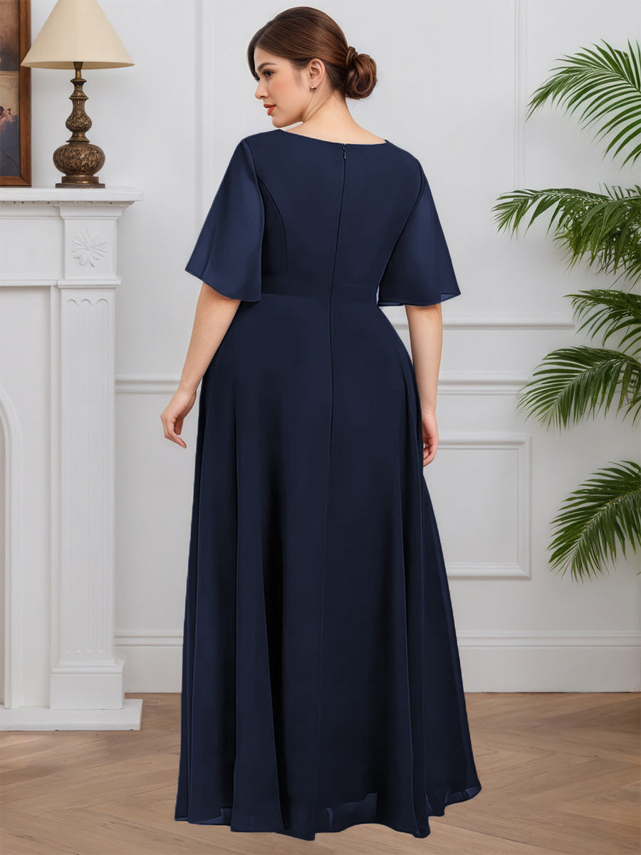 Cicinia Dark Navy Mother Of The Bride Dress Long Chiffon V-neck A-line Half Sleeves Plus Size