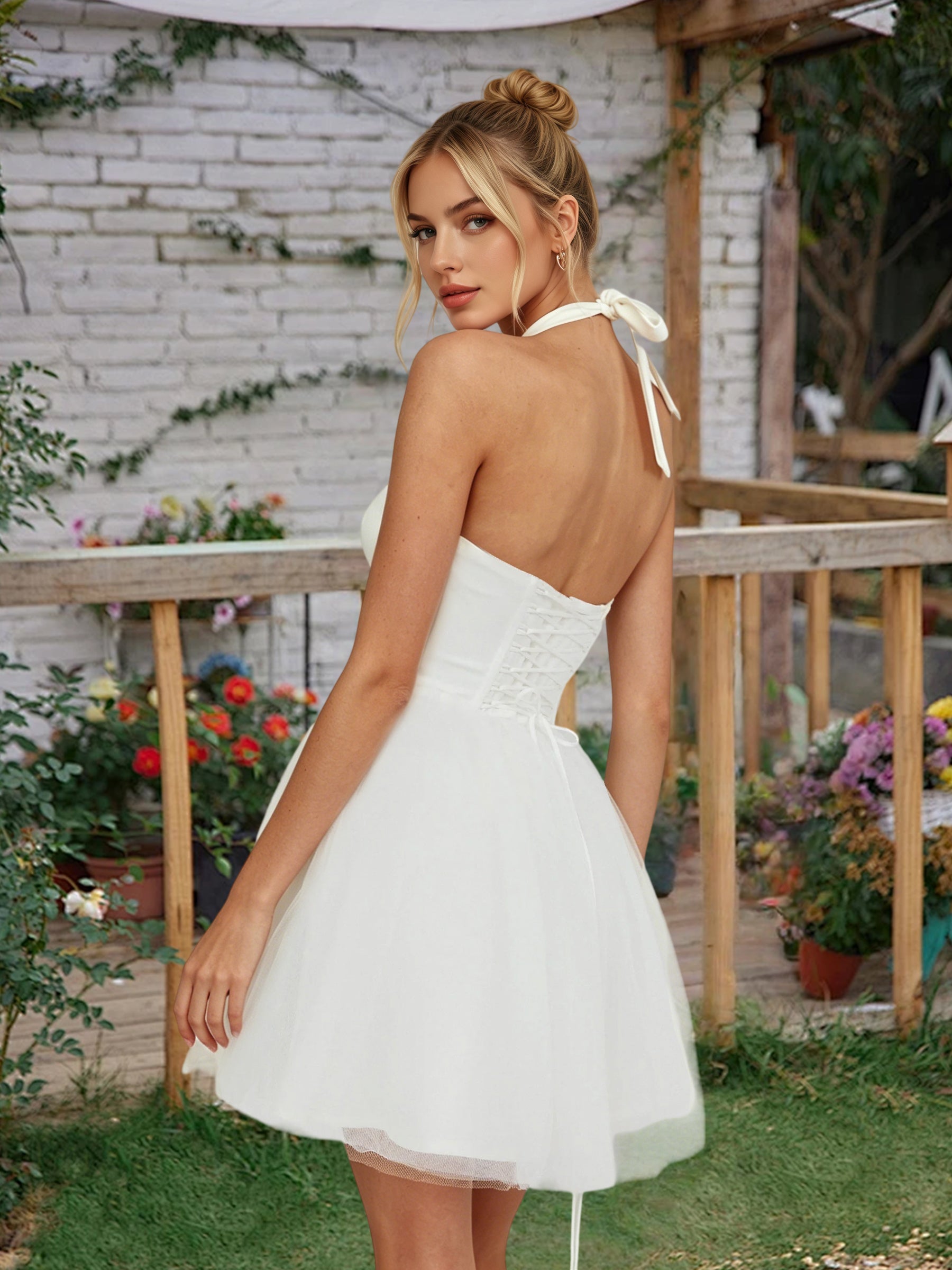 Cicinia Backless Halter Ivory Homecoming Dresses Short Tulle A-line Mini Length