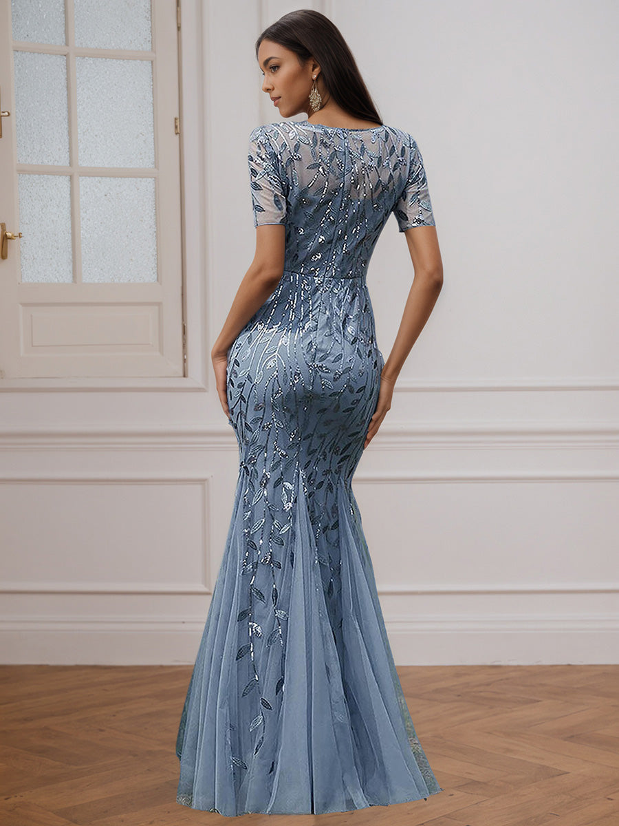Pretty Dusty Blue Scoop Neckling Short Sleeves Long Lace Prom Dress
